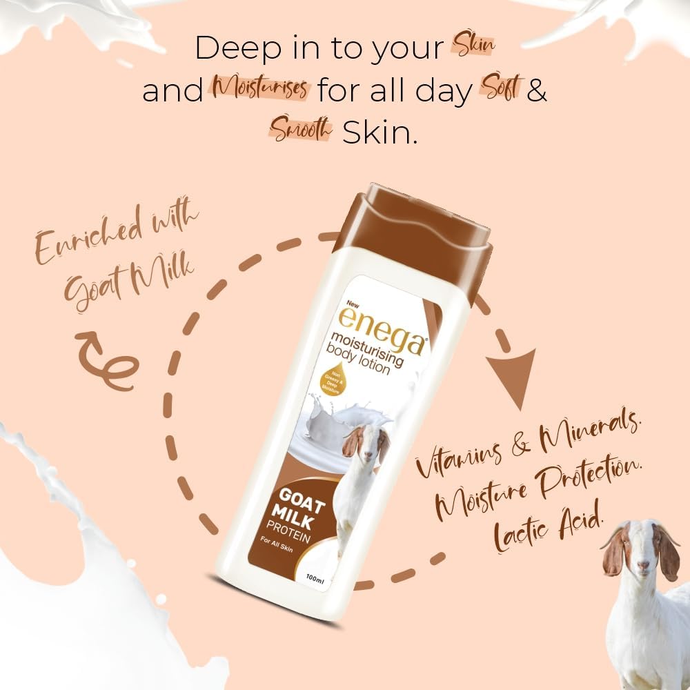 Enega Moisturizing Body Lotion with Goat Milk Protein - Non-Greasy, Deep Hydration for All Skin Types - 100ml - Perfect for Daily Skincare & Dry Skin Relief