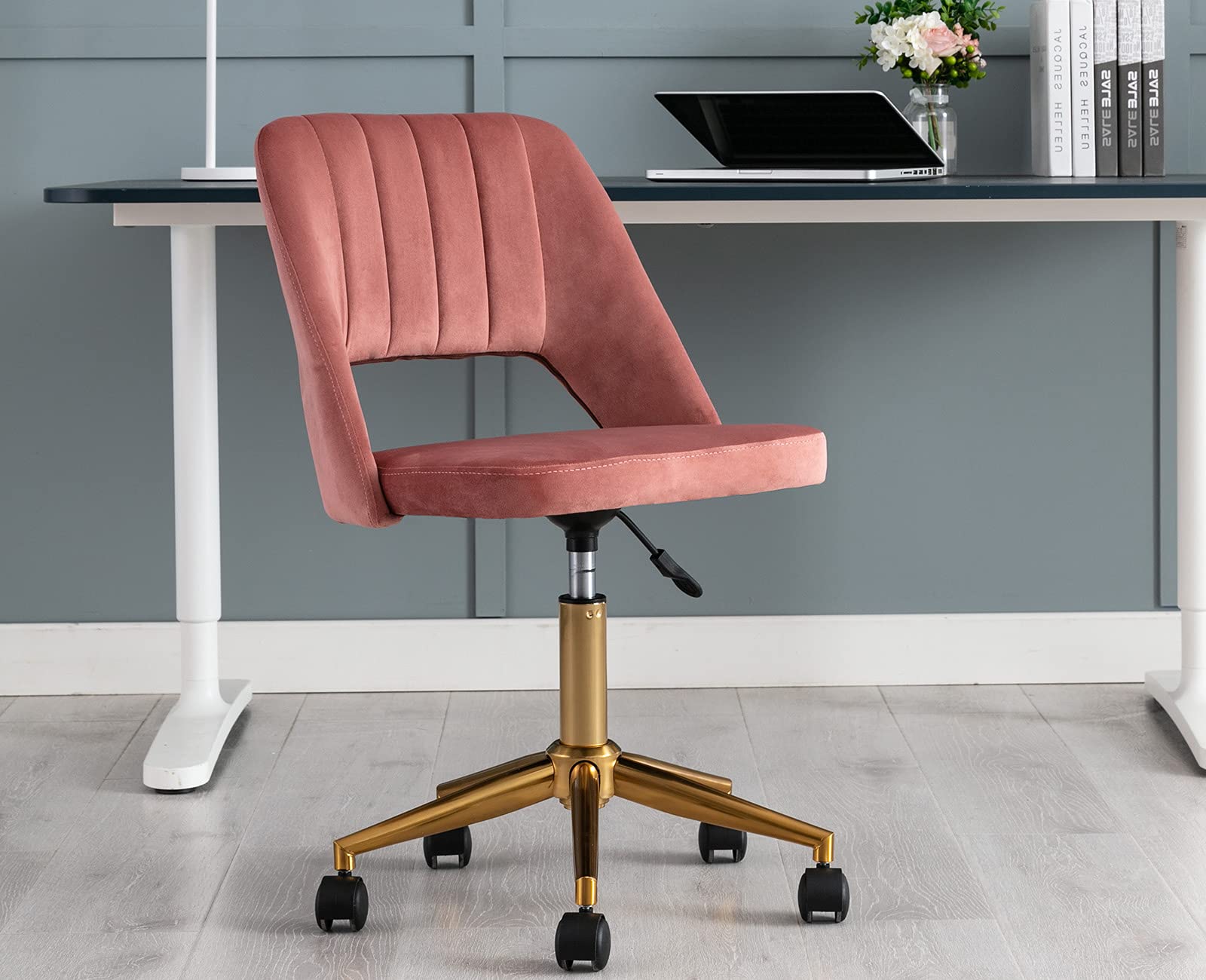 Modern Armless Desk Chair Vanity Stool for Teen Girls - Hollow Back Task Chair with Gold Base - Study, Sewing & Office Chair for Home, Bedroom & Living Room - Perfect for Work, Study & Relaxation (Pink)