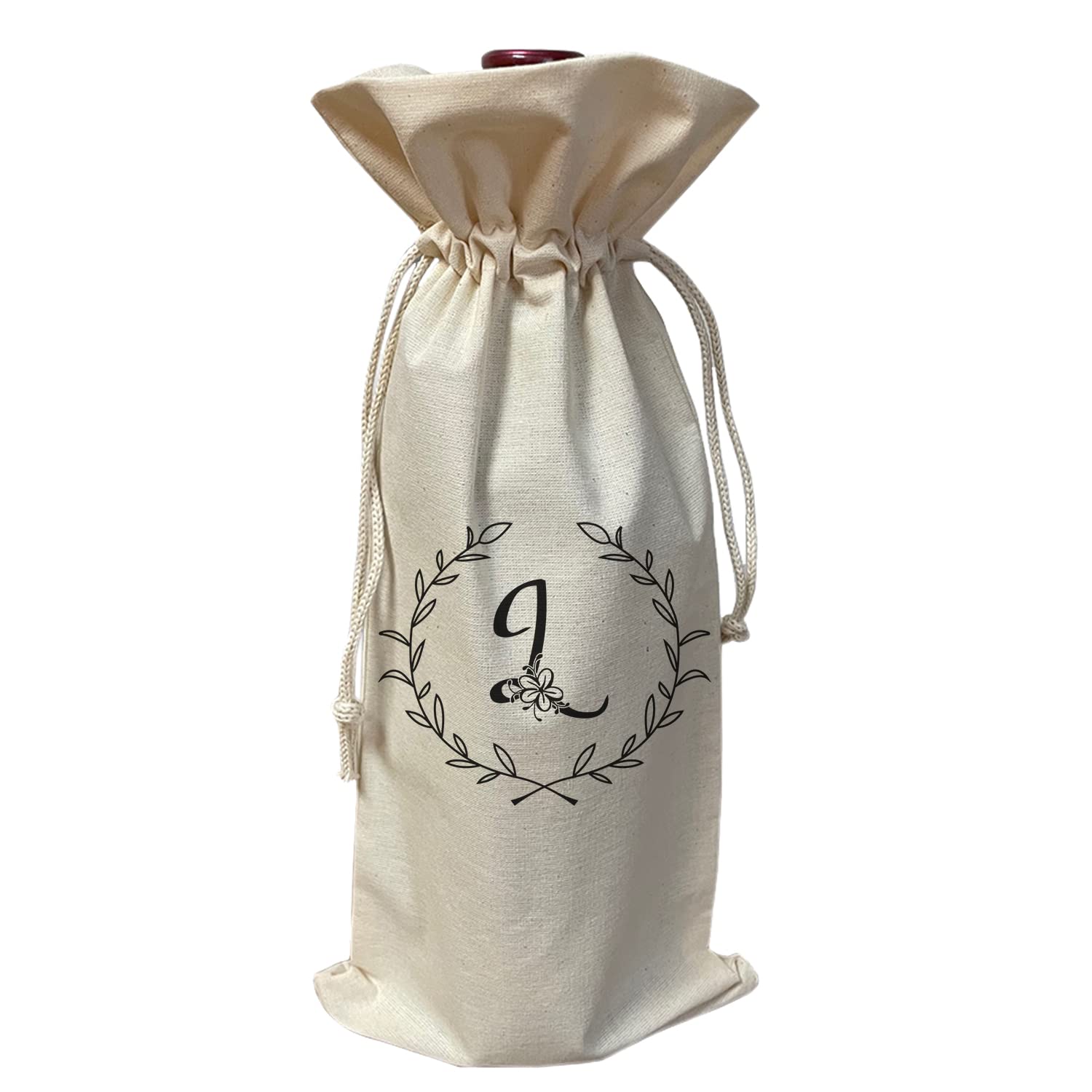 Personalized Initial Cotton Canvas Wine Gift Bag - Monogrammed Single Bottle Wine Tote (Letter L) | Perfect for Weddings, Bridal Showers & Holiday Gifting