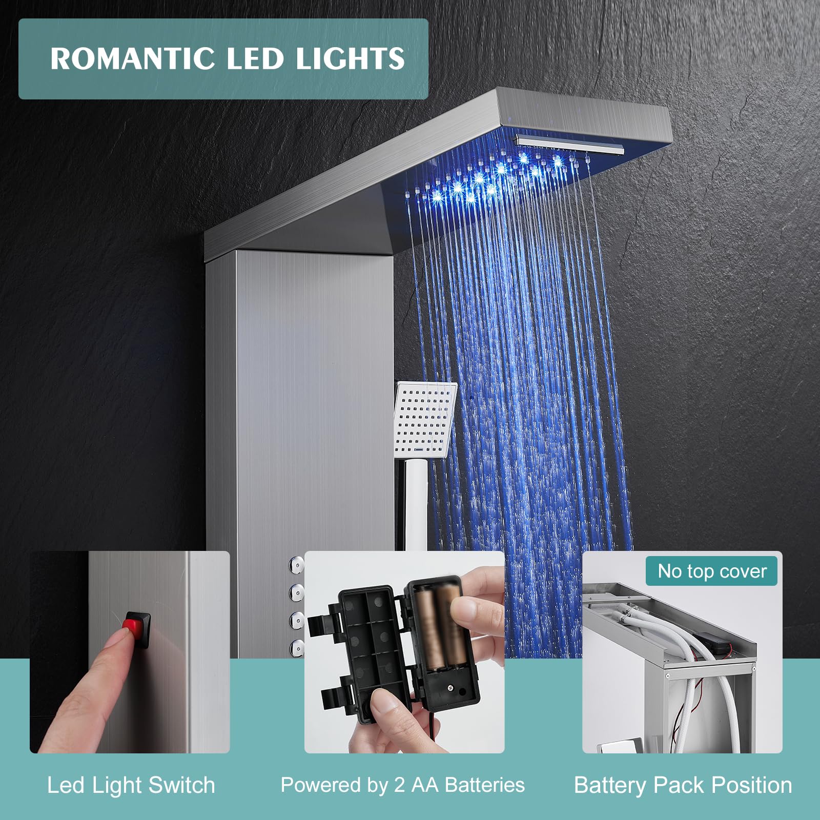 Rainfall LED Shower Panel Tower - 5-in-1 Shower System with Waterfall Showerhead, Adjustable Body Jets, Handheld Spray & Tub Spout, Stainless Steel Shower Column (Brushed Nickel Finish) - Perfect for Modern Bathrooms & Spa-Like Shower Experience