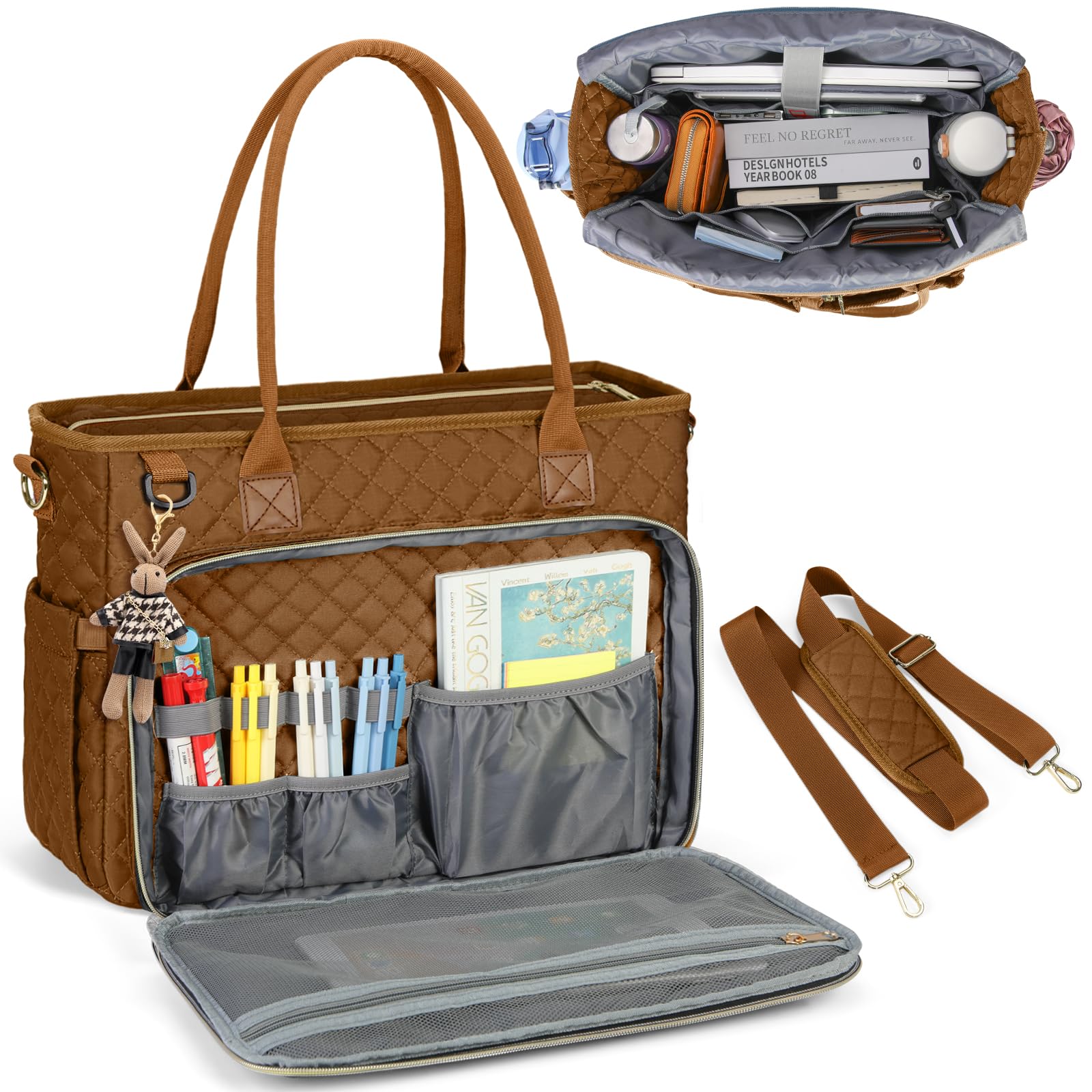 RAINSMORE Professional 15.6 Inch Laptop Tote Bag for Women - Water-Resistant Work Bag with Insulated Pocket, Teacher Nurse Messenger Briefcase for Office, College & Business - Perfect for Work Commute & Business Travel (Brown)