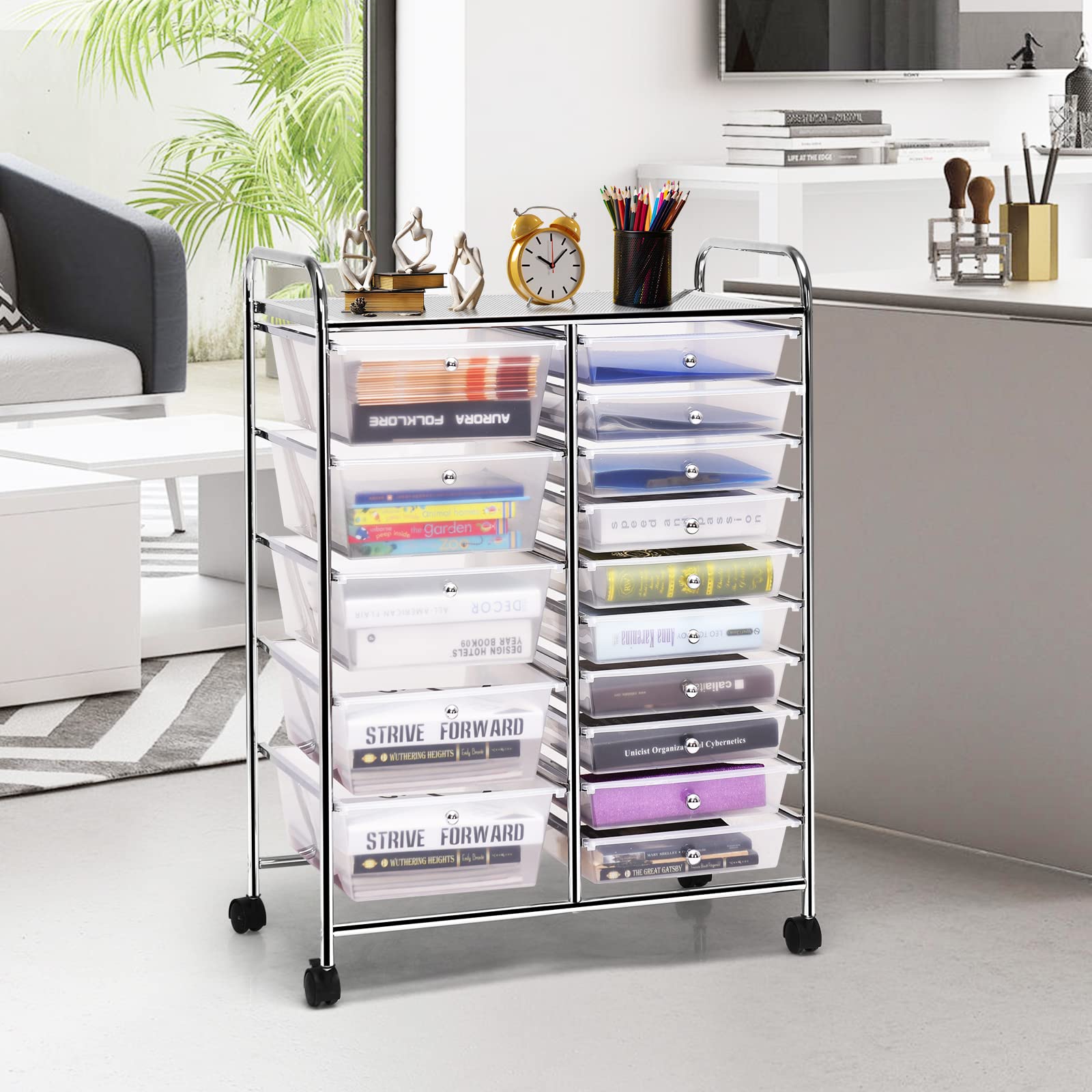 COSTWAY 15-Drawer Rolling Storage Cart with Removable Drawers & Sturdy Metal Frame | Multipurpose Mobile Organizer for Tools, Office Supplies & Paper | Perfect for Home, Office & Workshop Organization (Transparent)