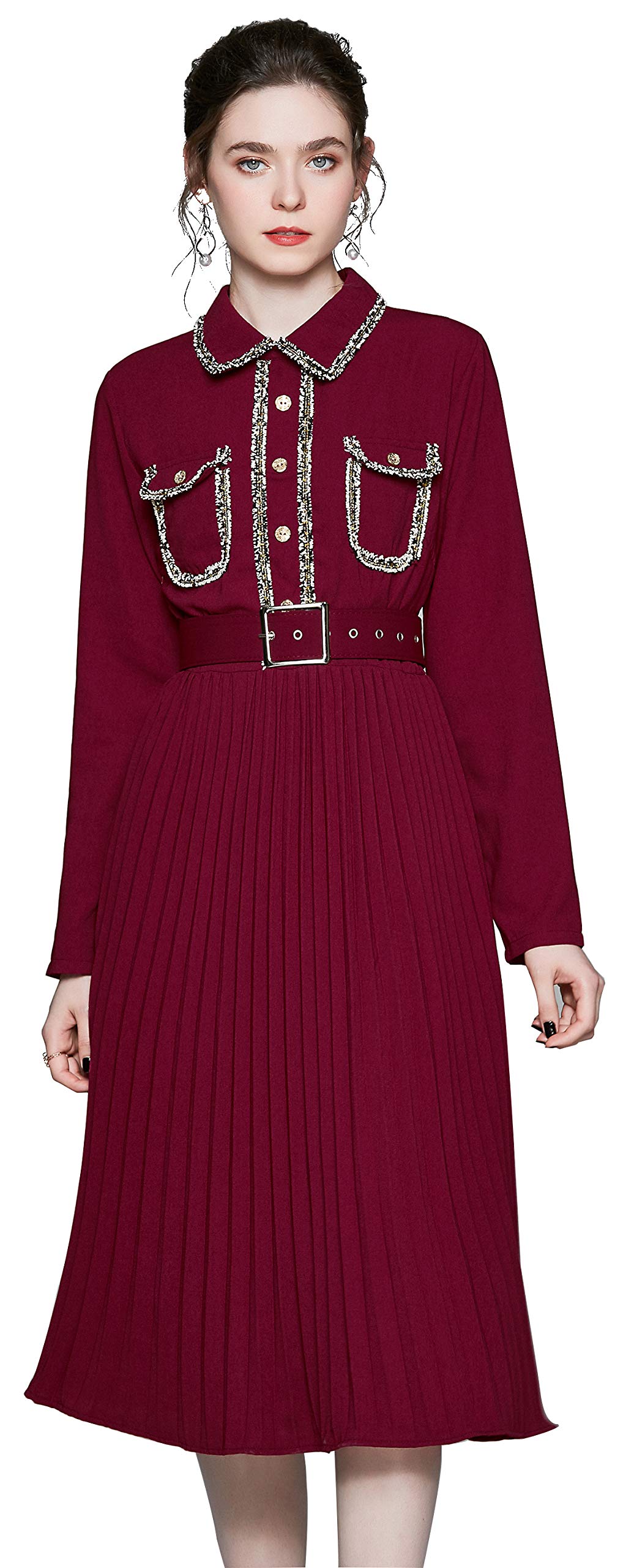Women's Red Casual Collared A-Line Midi Dress - Elegant Office Wear & Summer Party Outfit