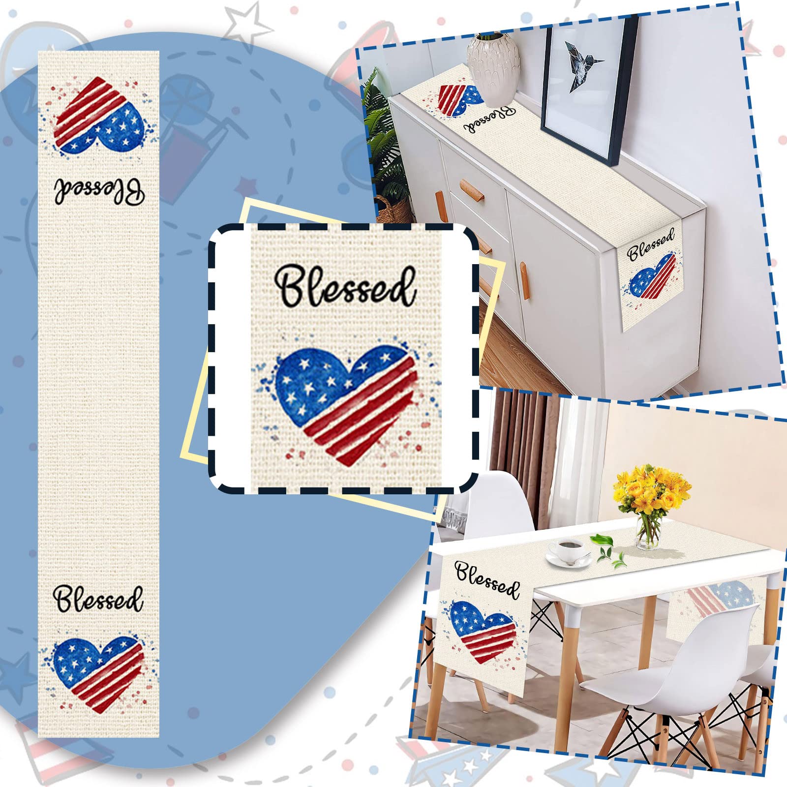 Plowerme Farmhouse Table Runner - 72 Inch Linen Dresser Scarf for Kitchen & Dining Room Decor - Patriotic Independence Day Table Setting - Perfect for Holiday Dinner Parties & Farmhouse Style Home Decor