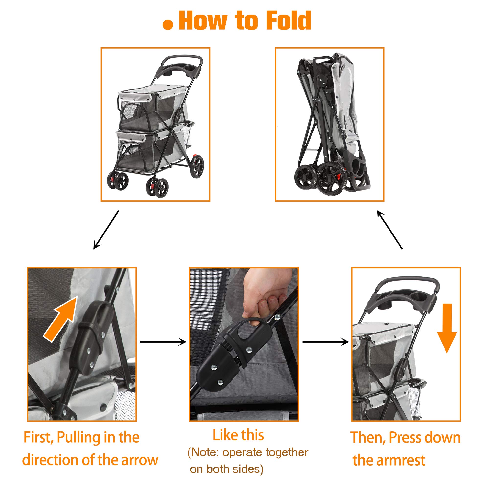 LUCKYERMORE Double Pet Stroller for 2 Cats & Dogs - 4-Wheel Foldable Cat & Dog Carrier with Cup Holders, Mesh Windows & Soft Pad - Ideal for Small to Medium Pets - Perfect for Park Walks, Vet Visits & Shopping Trips (Gray)