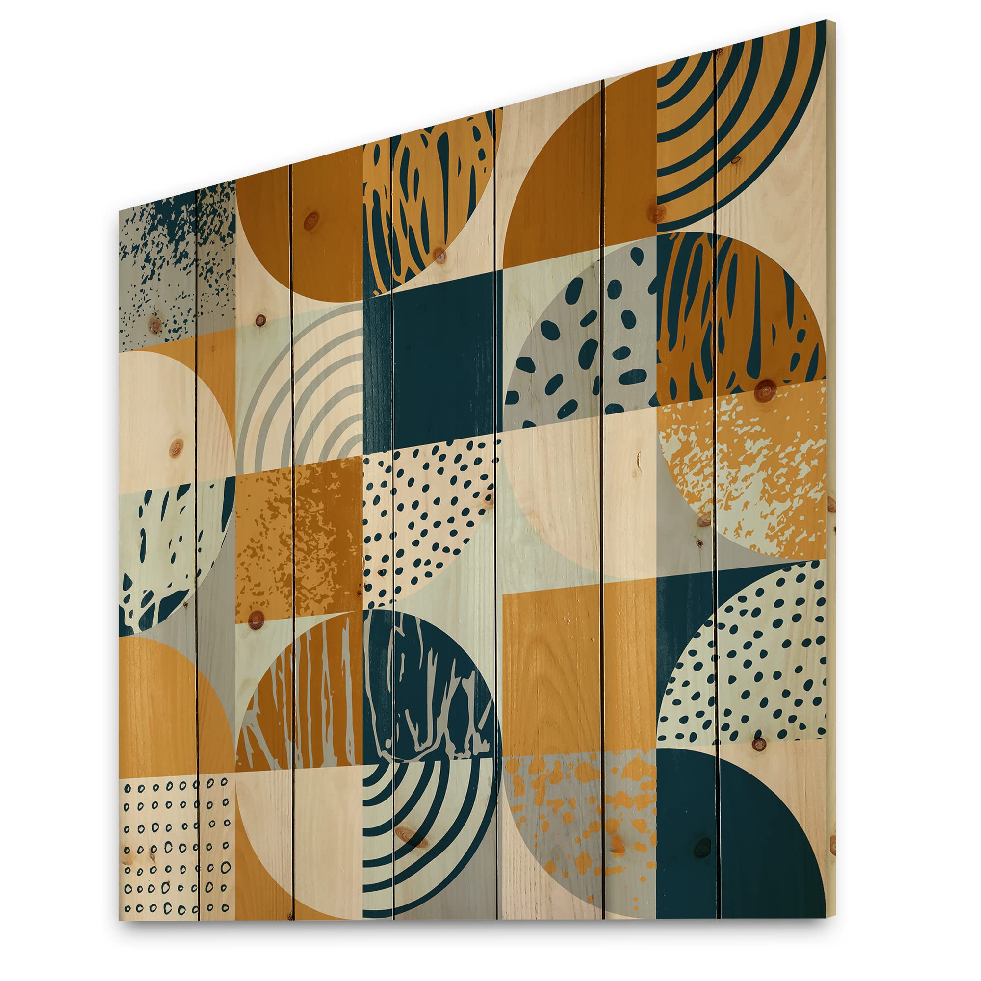 Modern Geometric Wood Wall Art - Retro Semicircles, Circles & Squares Design on Natural Pine Wood - Large Blue Contemporary Wall Decor for Living Room, Bedroom or Office