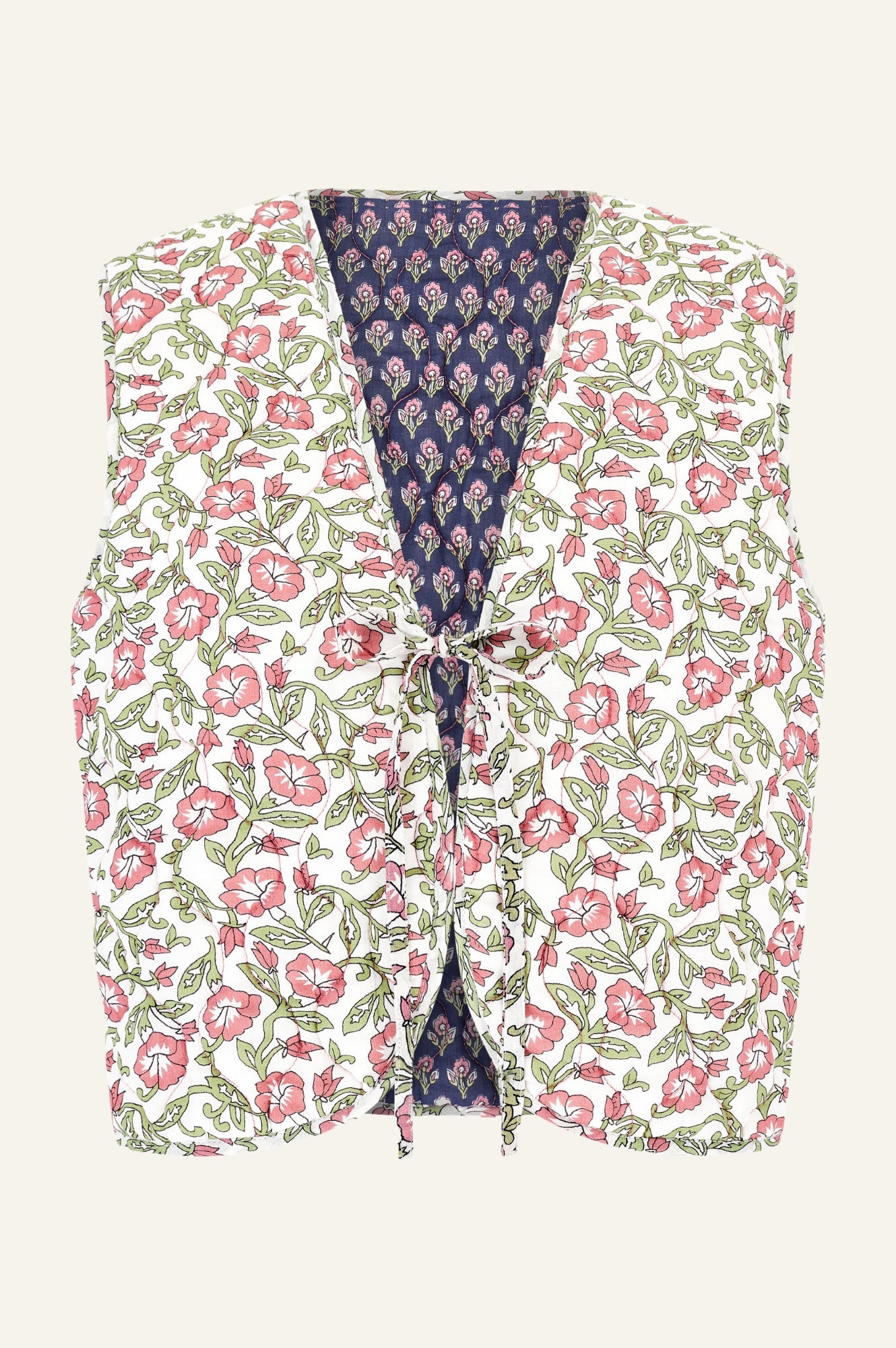 Arlo Quilted Organic Cotton Vest for Women - Primrose Stamp Navy/Pink - Lightweight Layering Piece for Spring & Fall Outfits