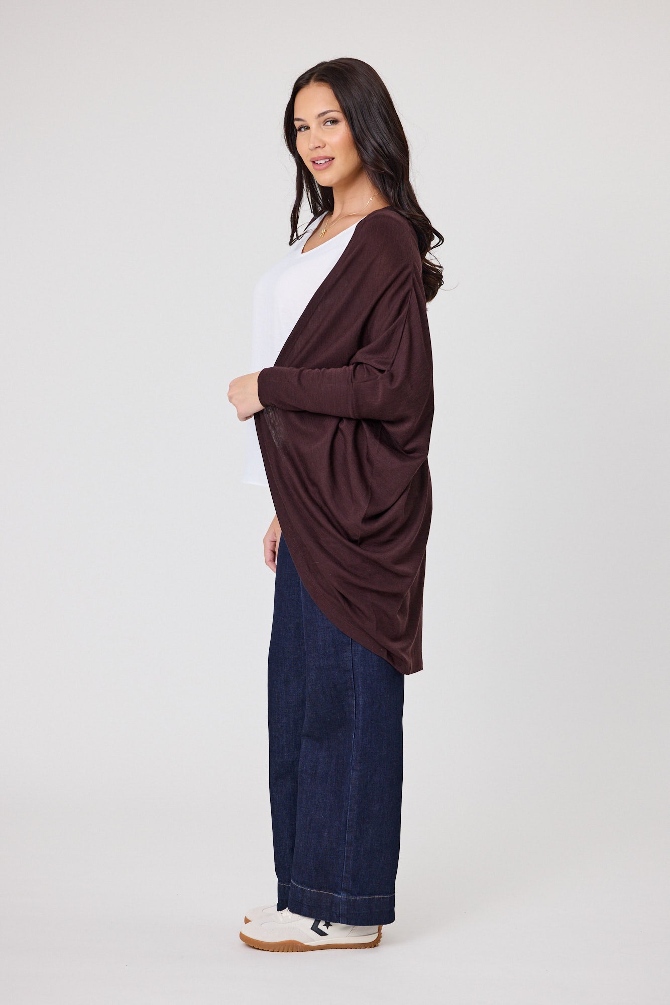 Alpine by Shine On Alaska Merino Wool Drape Cardigan for Women - Soft & Warm Chocolate Brown Sweater for Fall & Winter - Perfect for Office, Travel & Casual Outfits