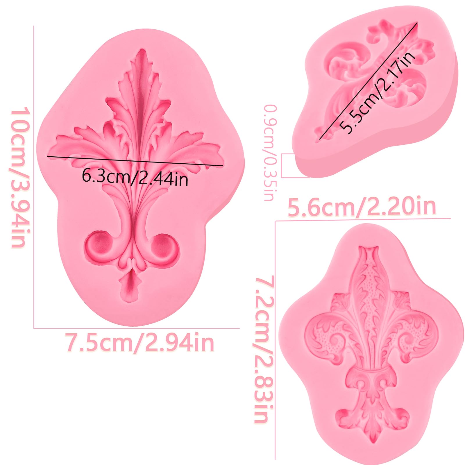 Baroque Embossed Feather Fondant Molds Set of 3 - European Relief Scroll Chocolate Silicone Molds for Baking & Crafts | Perfect for Cupcake Toppers, Flower Paste, Mousse, Candy, Sugar Craft, Gum Paste, Dough & Clay Projects | Ideal for Home Baking, Cake Decorating & DIY Resin Art