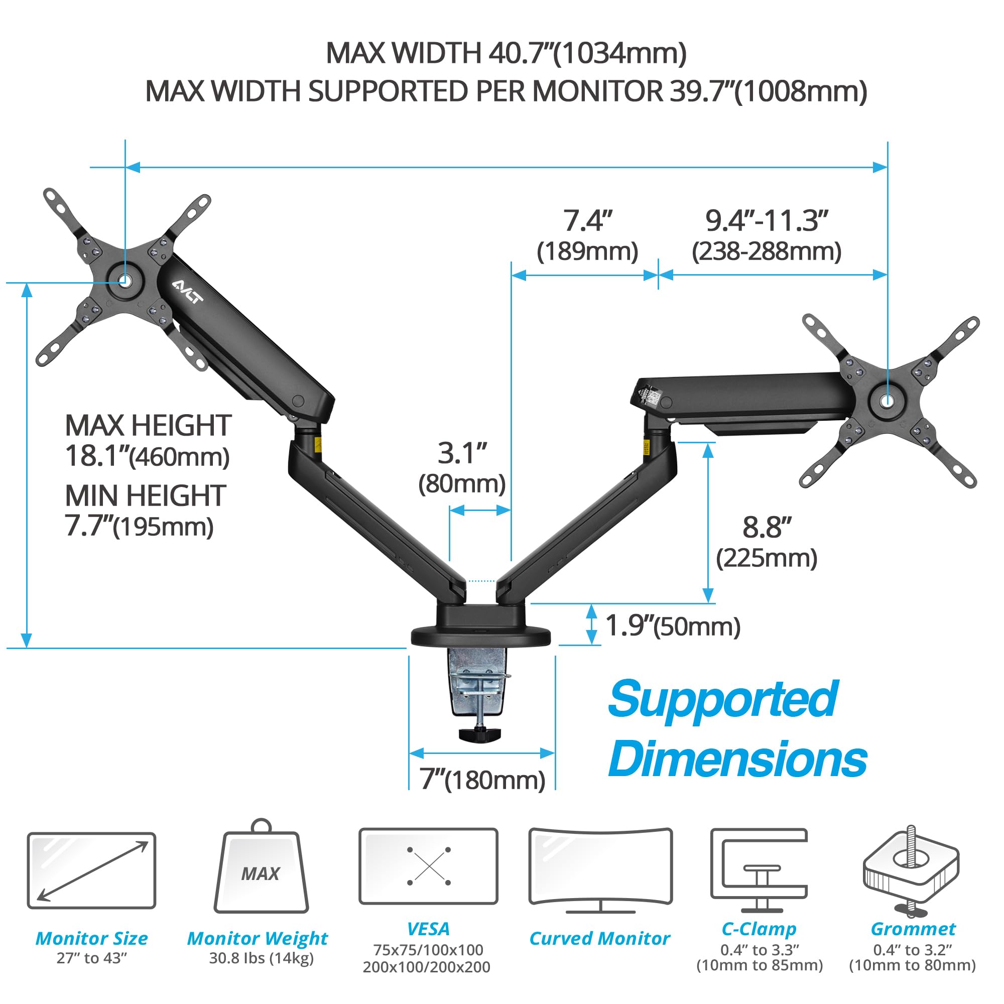 AVLT Dual 27”-43” RGB Gaming Monitor Arm Desk Mount with 20 Lighting Modes & Touch Control - Adjustable Stand for Flat/Curved/Ultrawide Screens - Height, Swivel & Tilt Rotation - Black | Perfect for Gaming Setup & Home Office Workstation