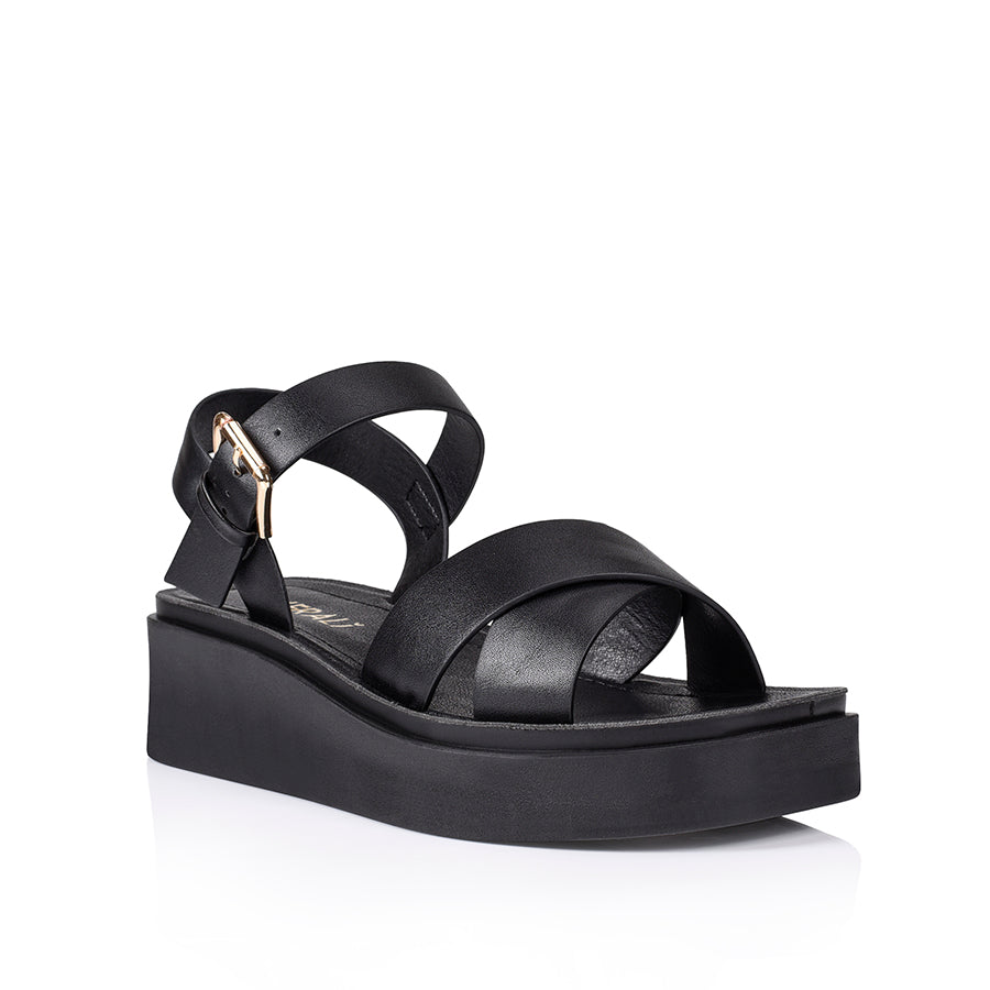 Radar Platform Sandals for Women - Black Smooth Leather Comfortable Slip-On Summer Shoes for Beach, Vacation, and Casual Outfits