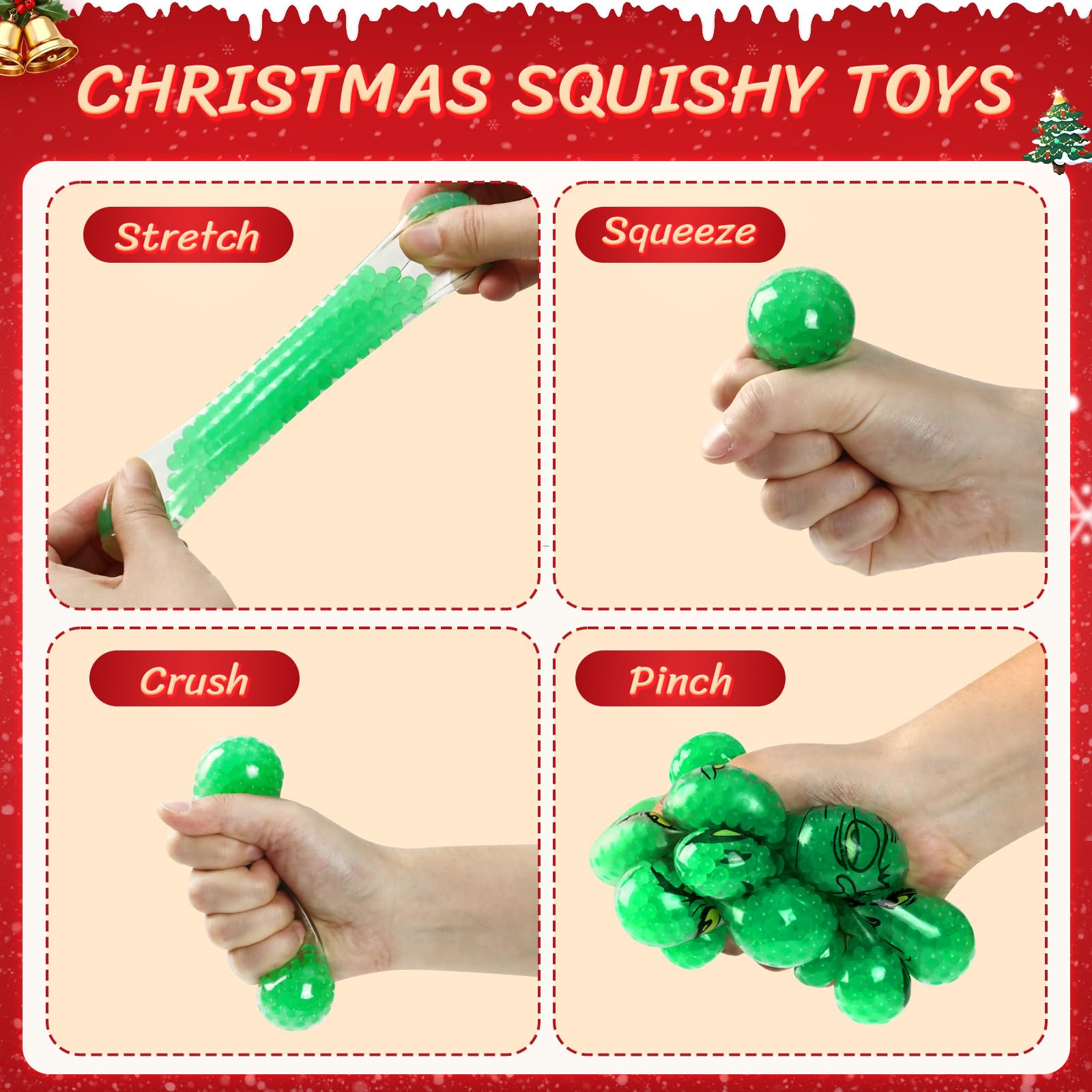 12PCS Christmas Squishy Fidget Stress Ball Toys - Mini Green Monster Bulk Sensory Stress Relief for Kids & Adults, Perfect for Stocking Stuffers, Party Favors, Advent Calendar Fillers, Classroom Rewards, and Office Desk Toys
