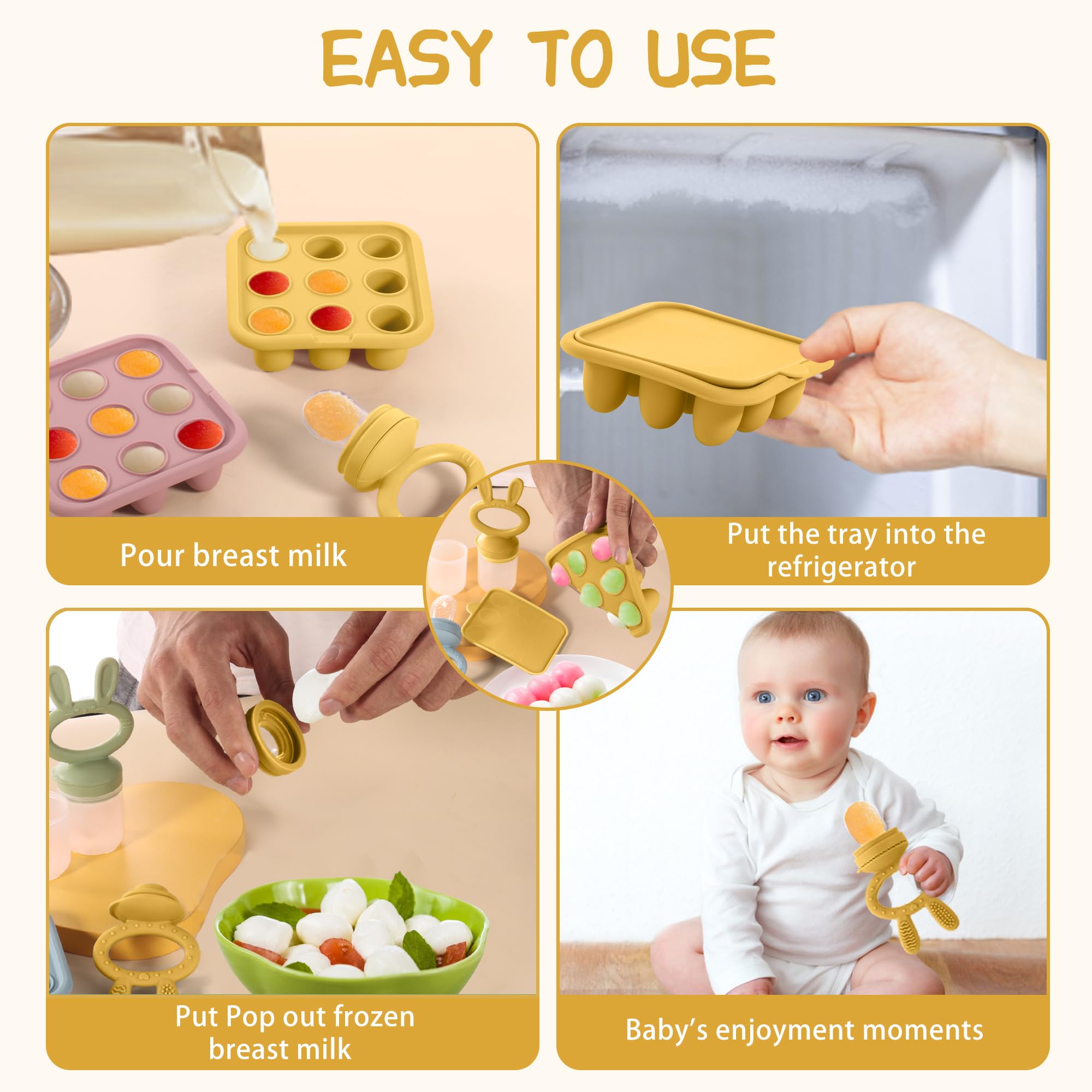 WAJIAYON 2-Pack Silicone Baby Breastmilk Popsicle Molds & Fruit Feeder - BPA-Free Freezer Storage Containers, Teething Pacifier and Soother for Infants (Yellow) - Perfect for Homemade Baby Food, Breast Milk Storage & Teething Relief