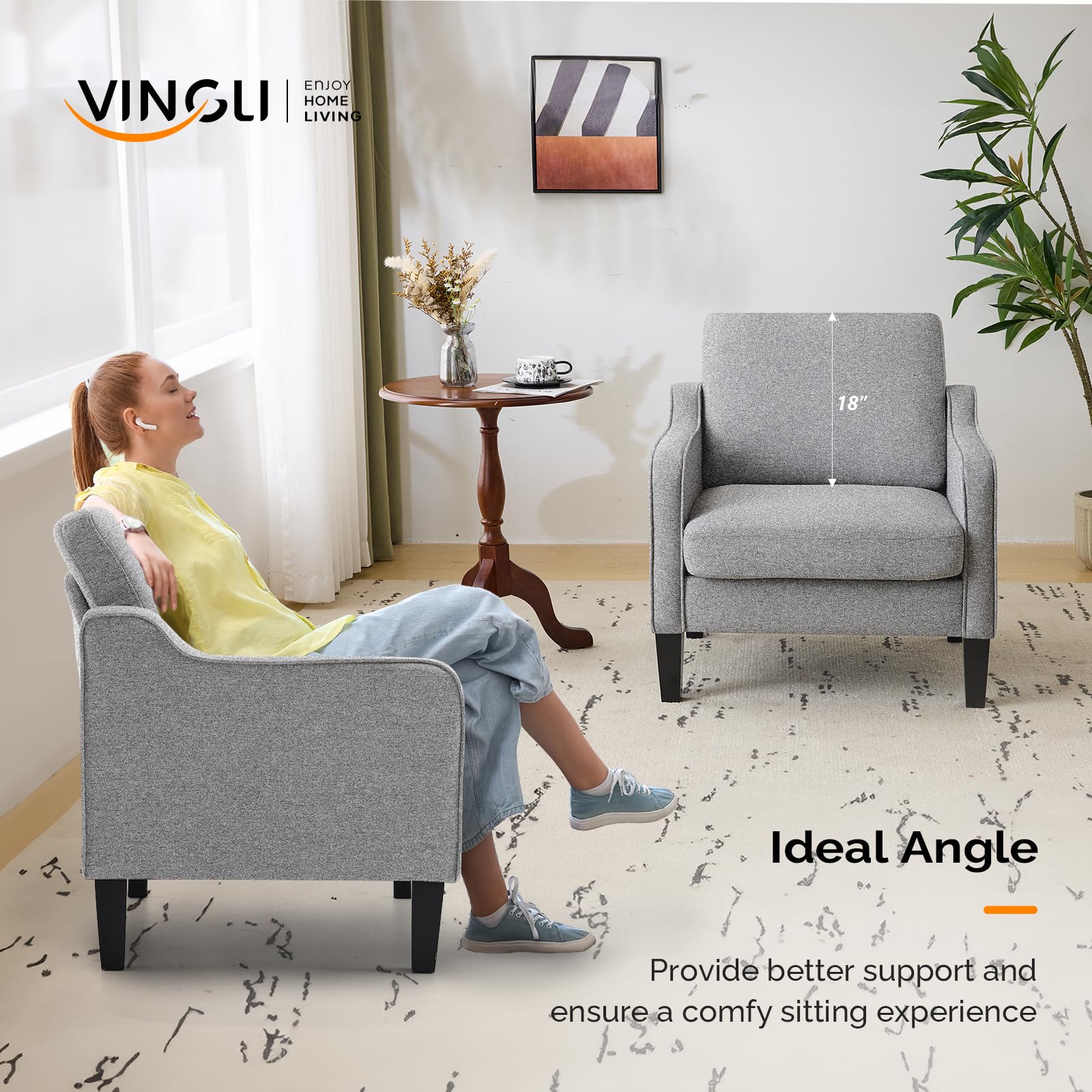 VINGLI Mid Century Modern Accent Chair - Upholstered Armchair with Scooped Arms for Living Room, Bedroom, Apartment, Office | Comfortable Lounge Chair for Reading, Relaxing & Waiting Areas