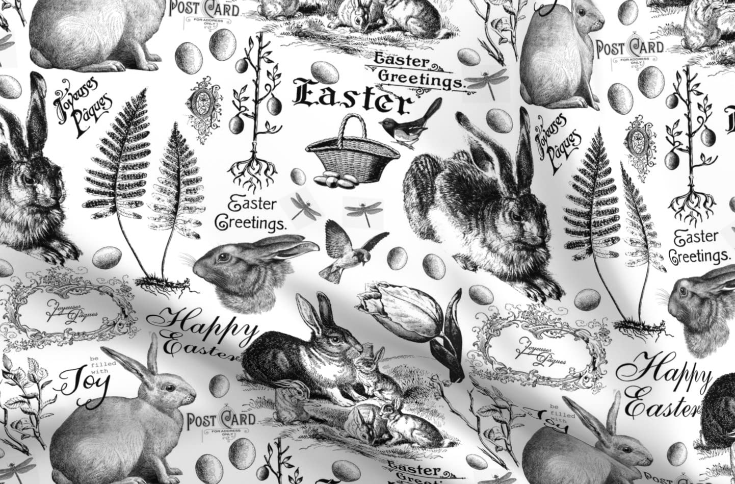 Premium Spoonflower Chiffon Fabric - Black & White Vintage Easter Bunny Print for Sewing, Fashion Apparel & Home Decor | Perfect for Spring Dresses, DIY Crafts & Easter Decorations
