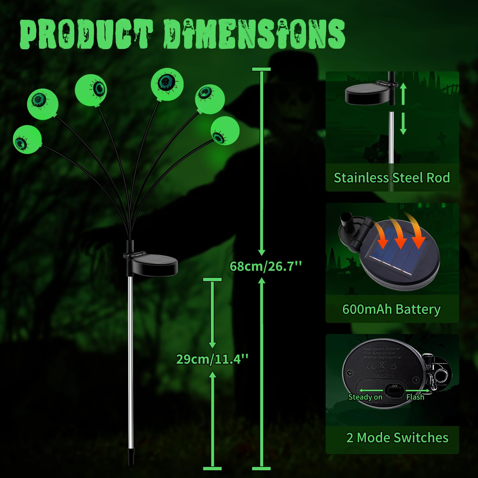 4 Pack 24LED Solar Powered Halloween Eyeball Lights - Waterproof Outdoor Scary Decor with 2 Lighting Modes for Yard, Garden, Lawn & Party | Perfect for Pathway Lighting & Spooky Halloween Atmosphere