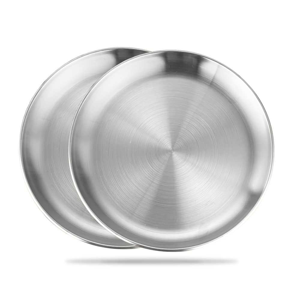 2 Pack 6.7 Inch (17cm) Stainless Steel Round Plates - Silver Metal Dinner Dishes for Camping, Outdoor Picnics, BBQ Parties & Home Dining - Durable & Lightweight