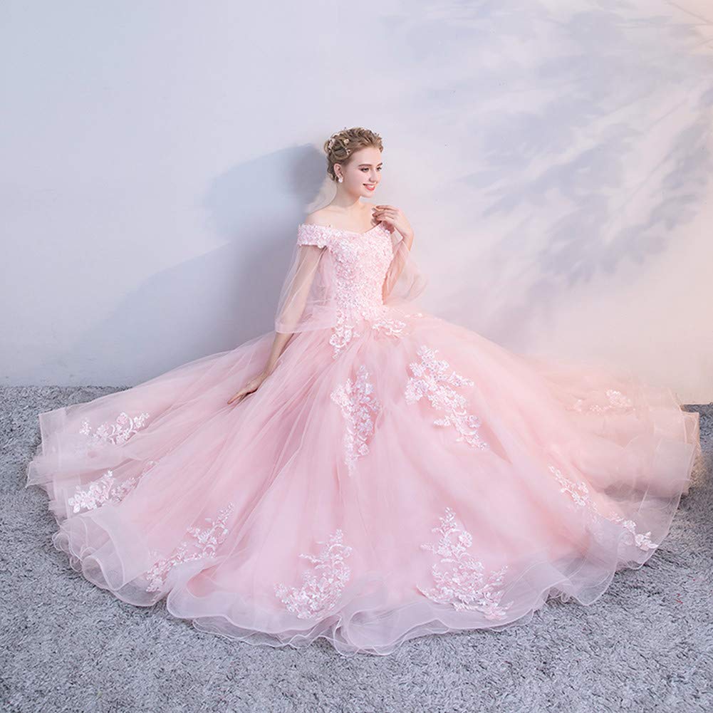 Emmani Women's Off Shoulder Lace Applique Wedding Dress - A-Line Long Formal Prom Evening Gown in Blush Pink | Perfect for Bridal, Quinceañera, and Red Carpet Events
