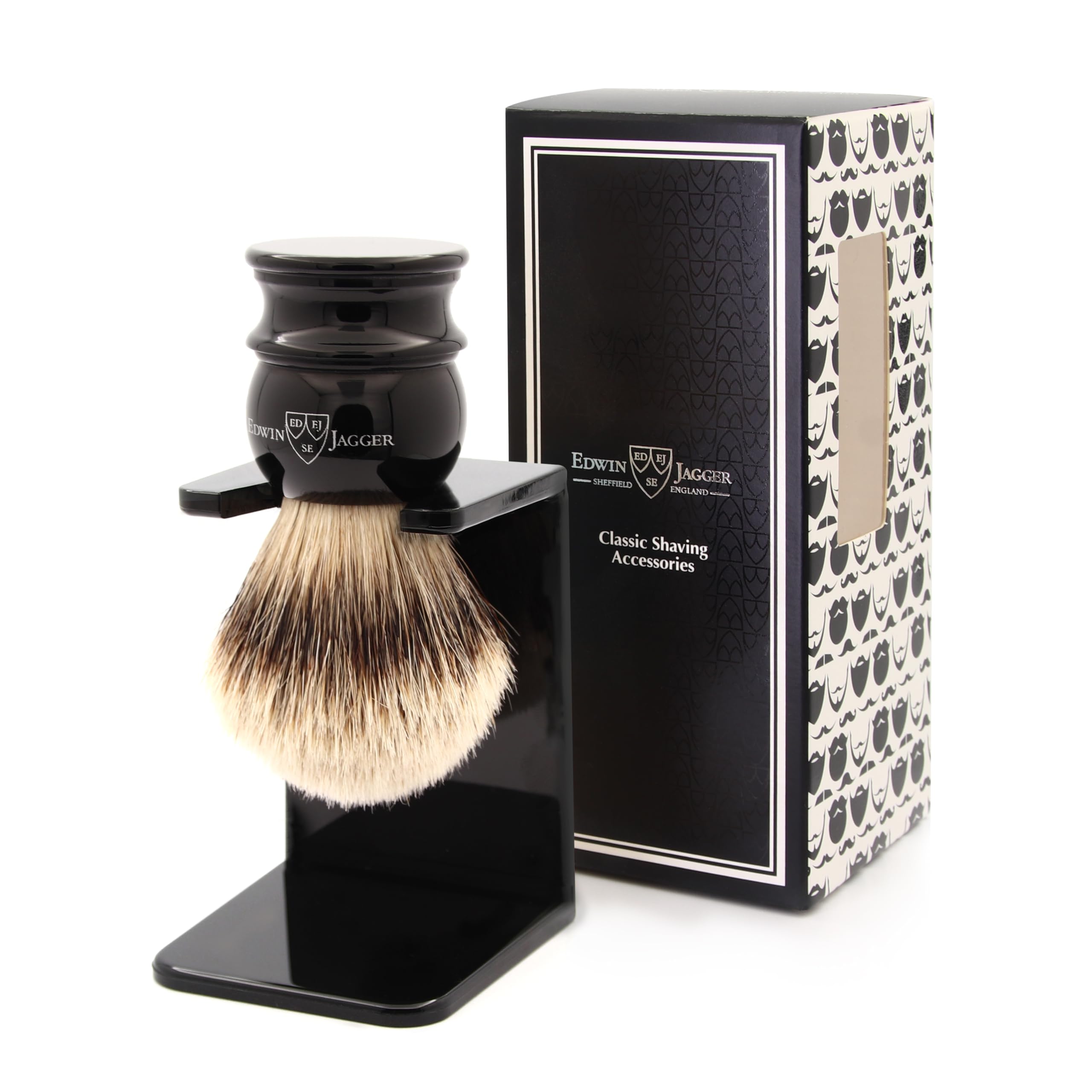 Edwin Jagger 1EJ466SDS Medium Silver Tip Badger Shaving Brush with Stand - Imitation Ebony Handle for Men - Perfect for Shaving Cream & Soap - Luxury Wet Shaving & Grooming Essential