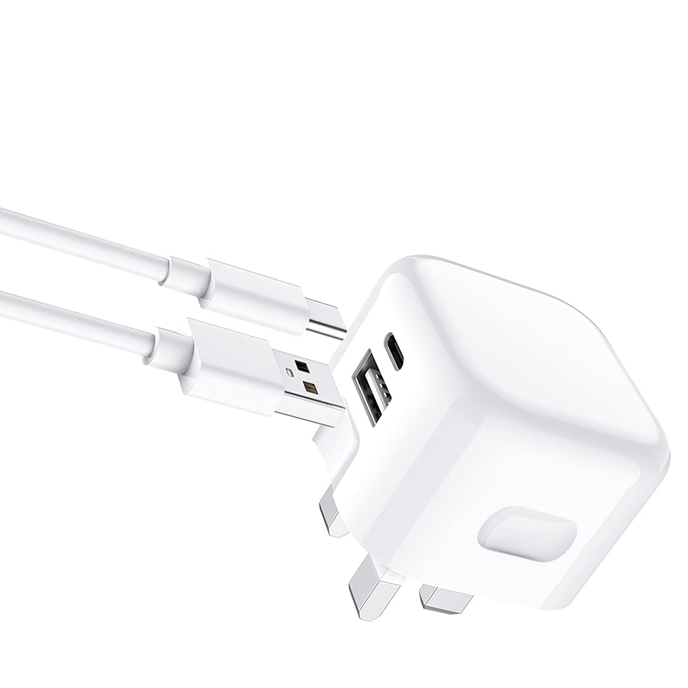 20W Fast Charger UK Plug - Dual USB-C Ports for iPhone SE 2022/SE 2020/SE/XS/XS Max/XR/X/8/8 Plus/7/7 Plus/6/6s/5/5s/5c - White Power Adapter | Perfect for Home, Office & Travel Charging