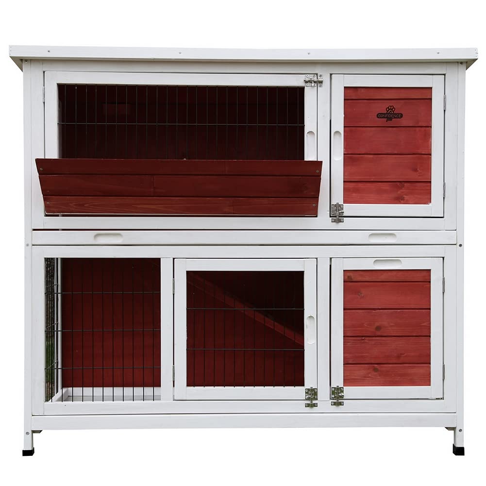 Premium 4ft 2-Story Wooden Rabbit Hutch with Ramp - Red/White Outdoor Bunny Cage for Small Pets | Perfect for Backyard, Garden & Indoor Rabbit Housing