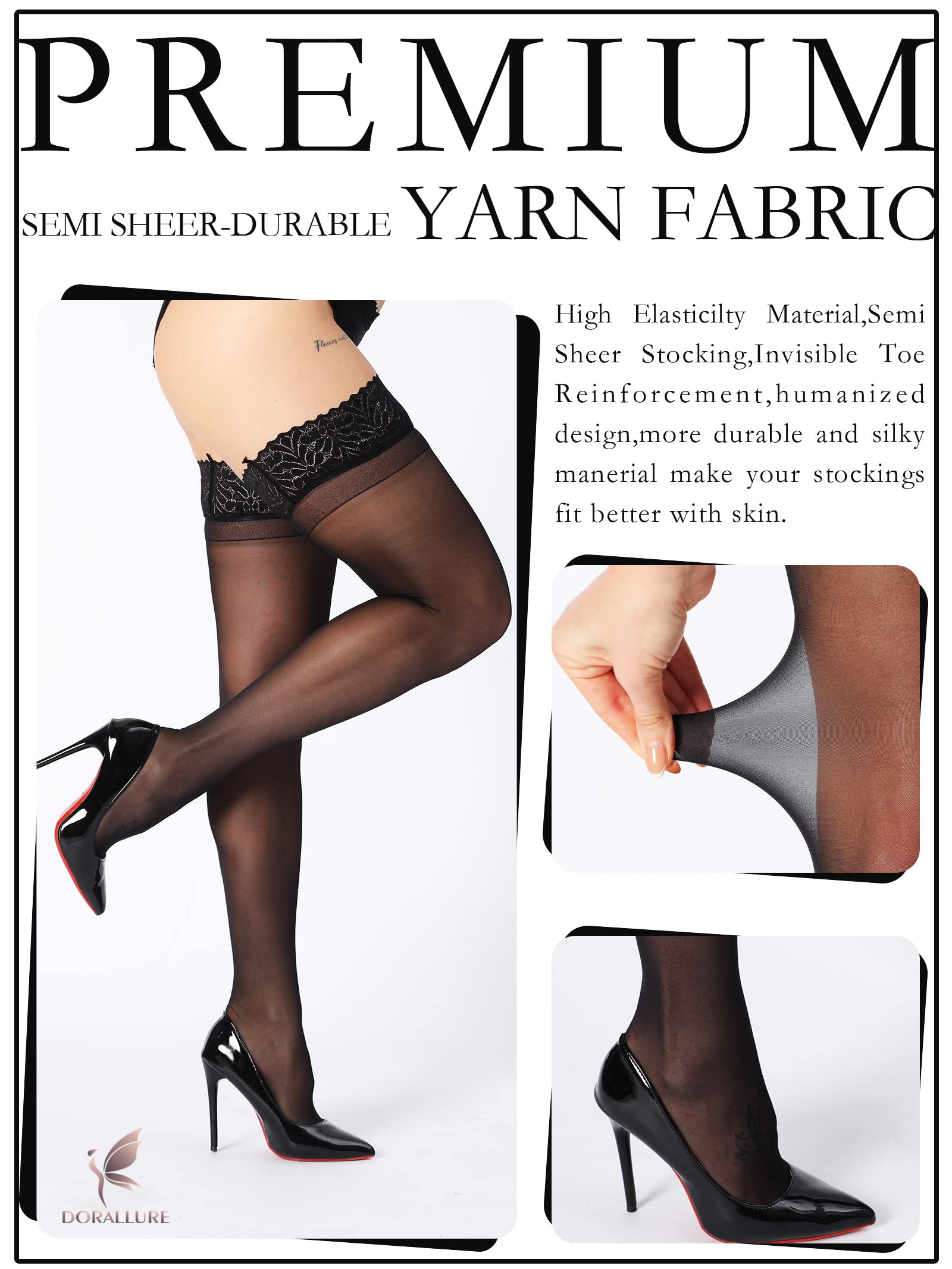DORALLURE Women's Thigh High Stockings - Silicone Lace Top Stay-Up Silky Semi-Sheer Pantyhose with Nylon Hold-Up Technology | Perfect for Office, Date Night & Special Occasions