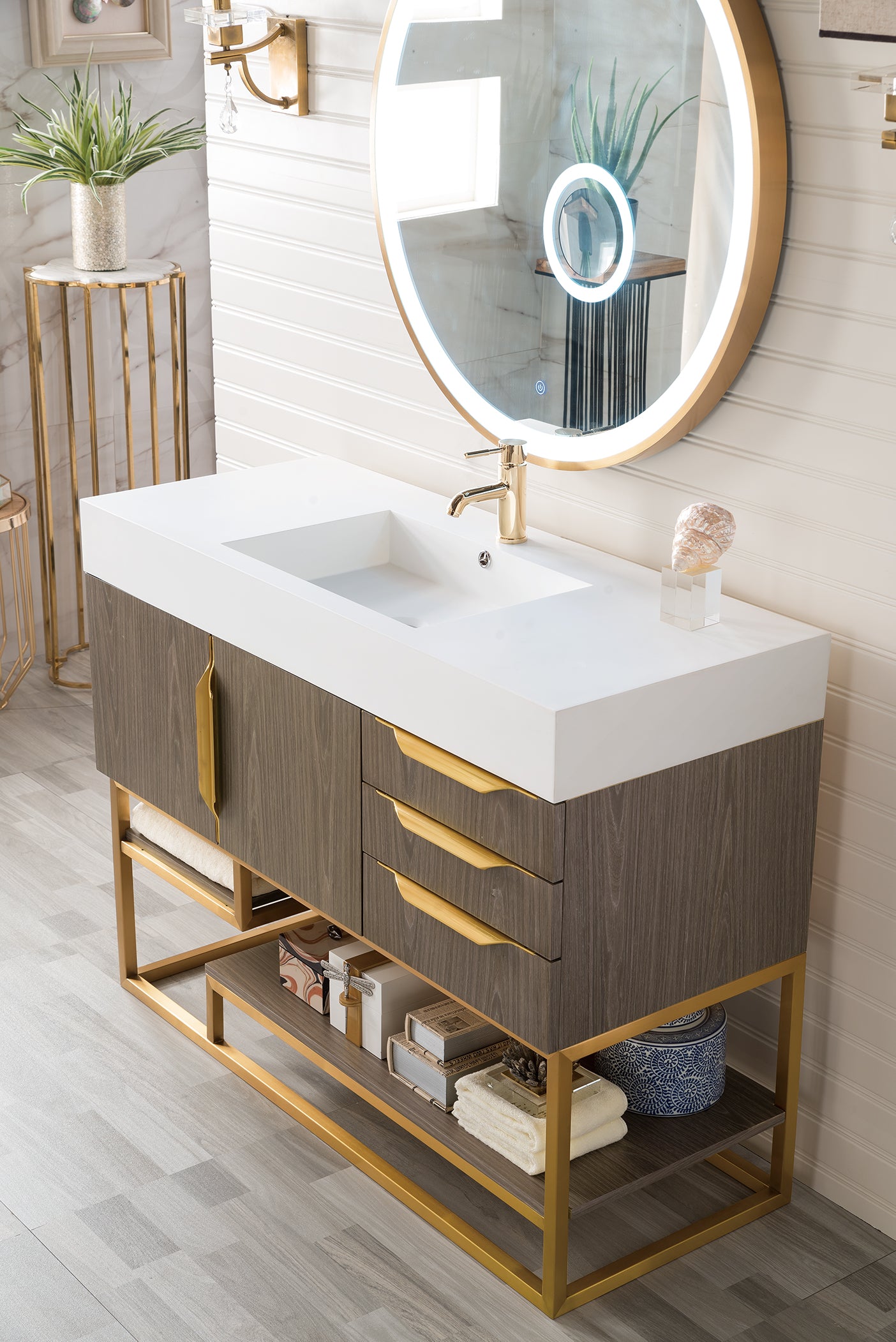 Columbia 48 Inch Single Bathroom Vanity in Ash Gray with Radiant Gold Accents & Glossy White Composite Top - Perfect for Modern Master Bathrooms & Powder Rooms