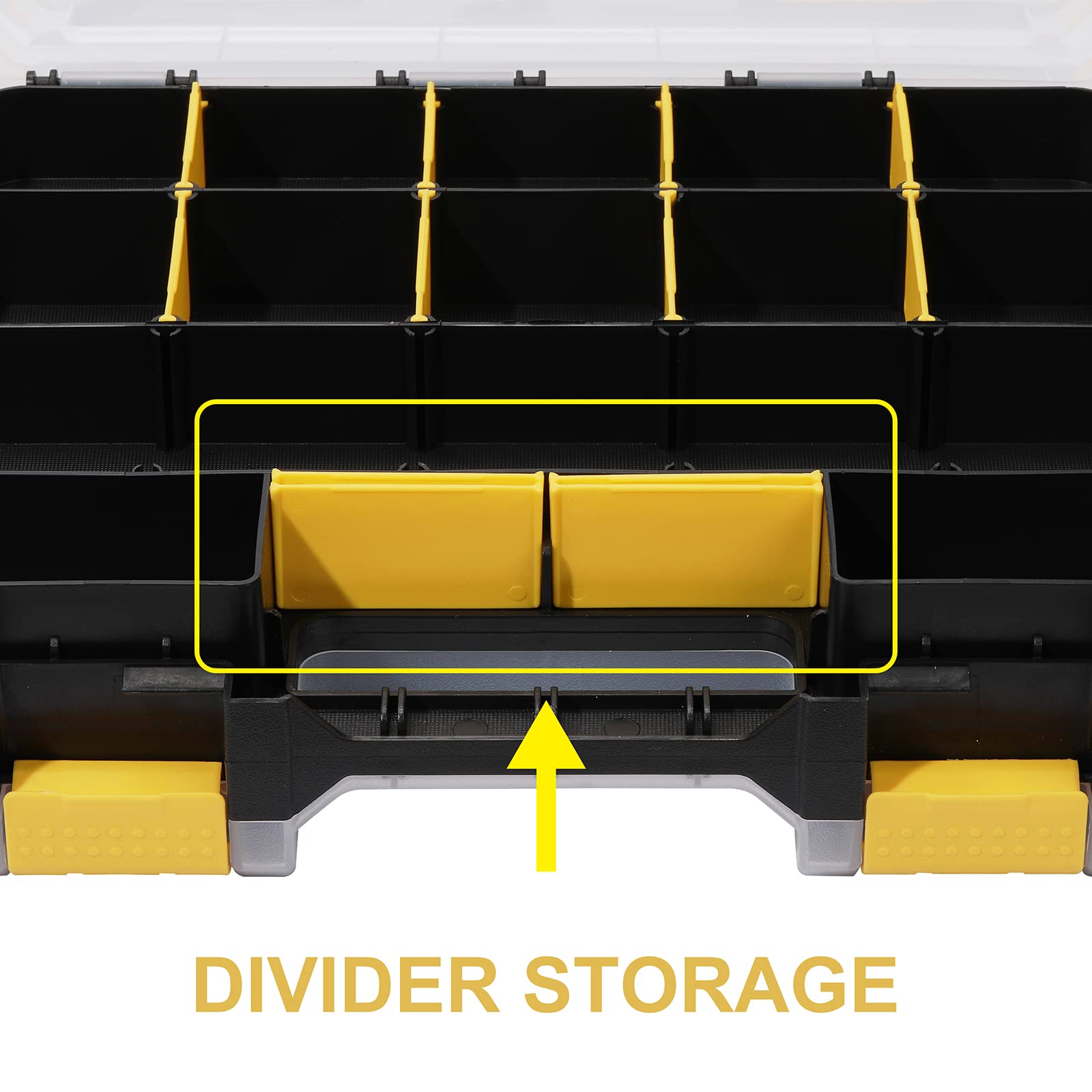 Mayouko Double-Sided Tool Organizer with Customizable Removable Plastic Dividers - 34-Compartment Hardware Storage Box for Small Parts (Black/Yellow) - Perfect for Workshop, Garage & DIY Projects