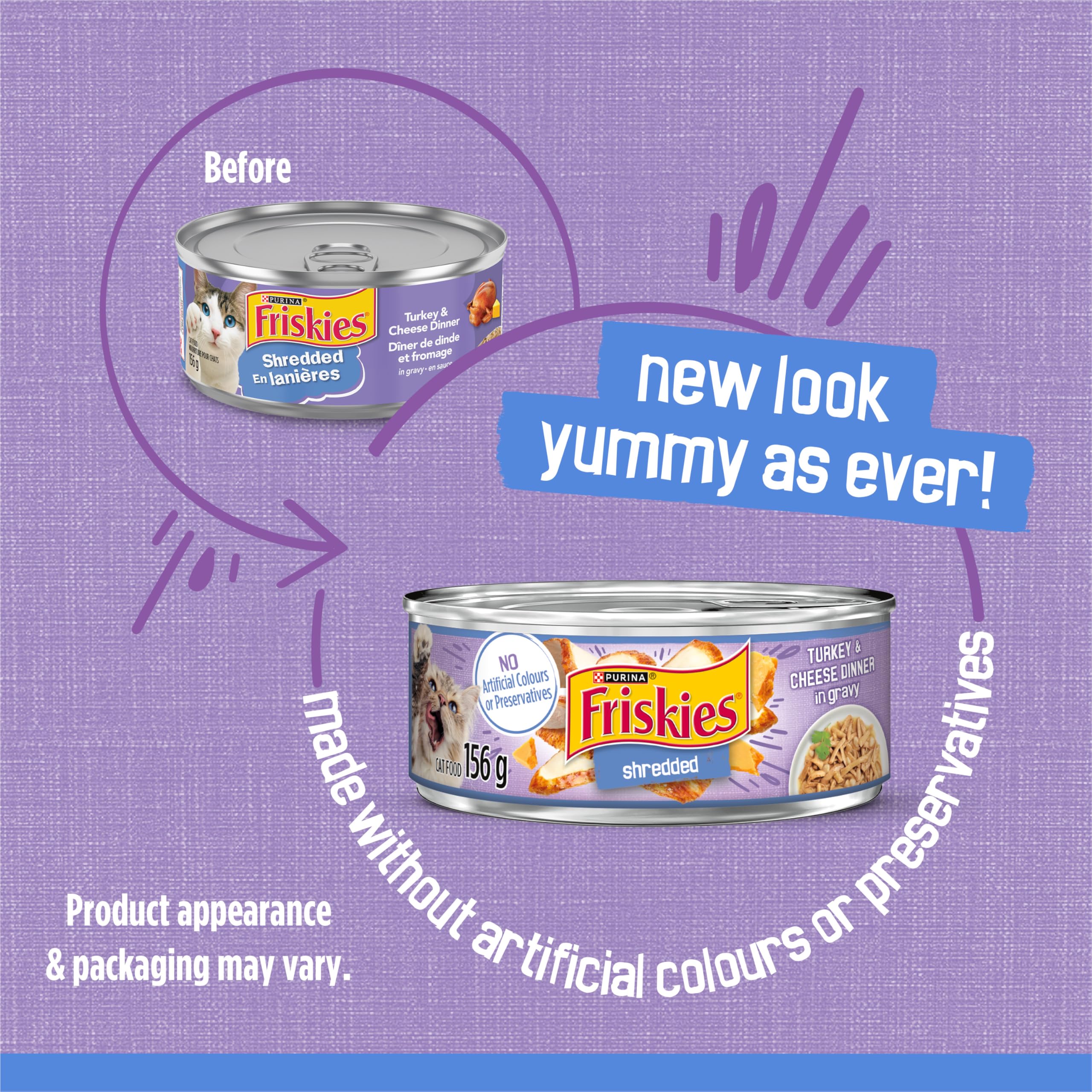 Friskies Shredded Wet Cat Food with Turkey & Cheese in Gravy - 24 Pack (156g Cans) | High Protein Meal for Adult Cats | Perfect for Picky Eaters & Daily Feeding