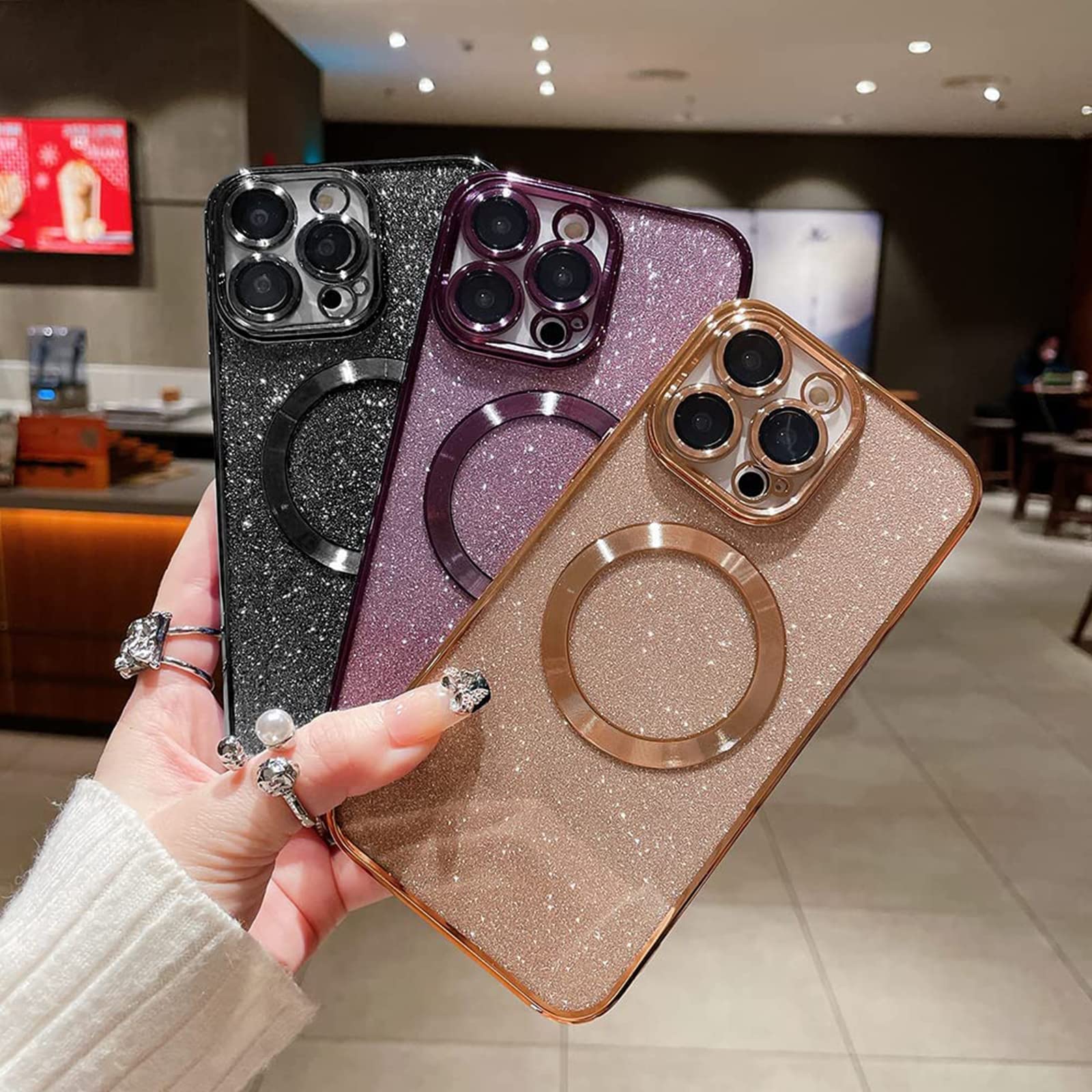Aowner Magnetic Glitter Case for iPhone 15 Plus - Luxury Plating Bling with Camera Lens Protector | MagSafe Compatible Slim Thin Shockproof Protective Clear Phone Cover for Women & Girls | Perfect for Everyday Use, Parties & Gift Giving (Pink)