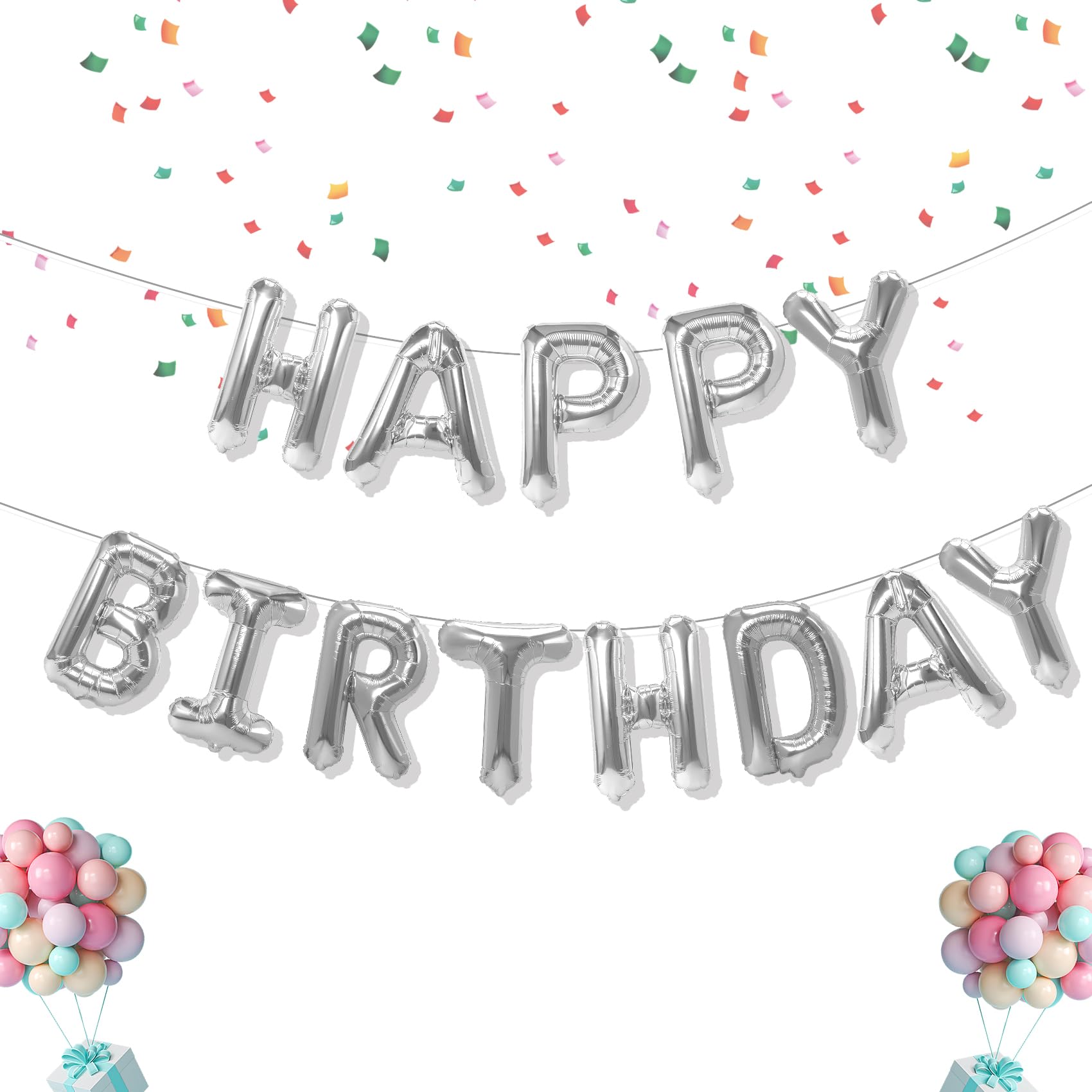 16 Inch Reusable Mylar Foil Balloon Letters - Happy Birthday Banner Sign Kit with Silver Balloons for Kids & Adults Party Decorations | Perfect for Birthday Celebrations, Baby Showers & Anniversary Parties