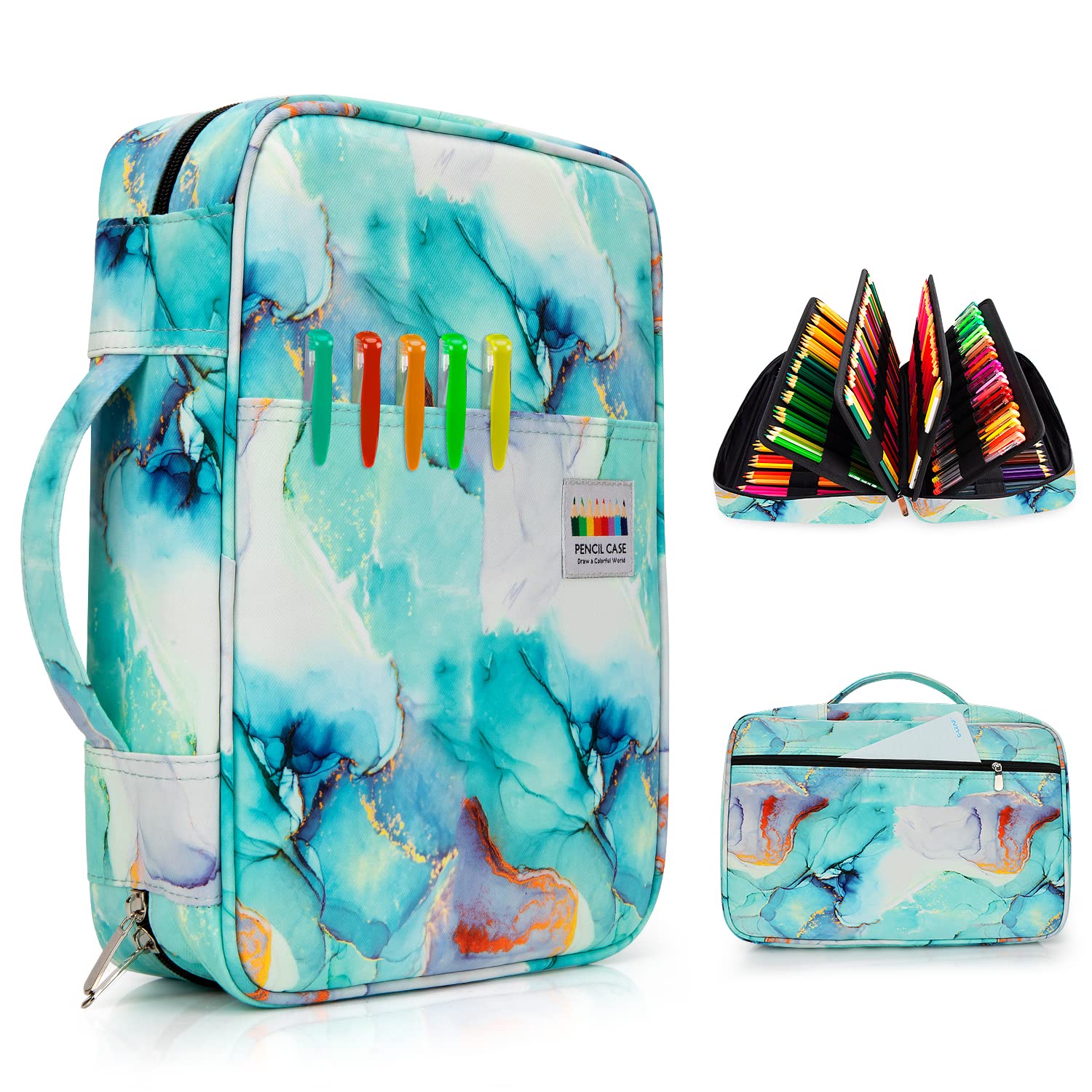YOUSHARES 300 Slots Color Pencil Case - Large Capacity Pen Organizer with Zipper & Handy Wrap, Multilayer Holder for Prismacolor Colored Pencils, Gel Pens & Art Supplies (Marble Green) - Perfect for Artists, Students & Office Use