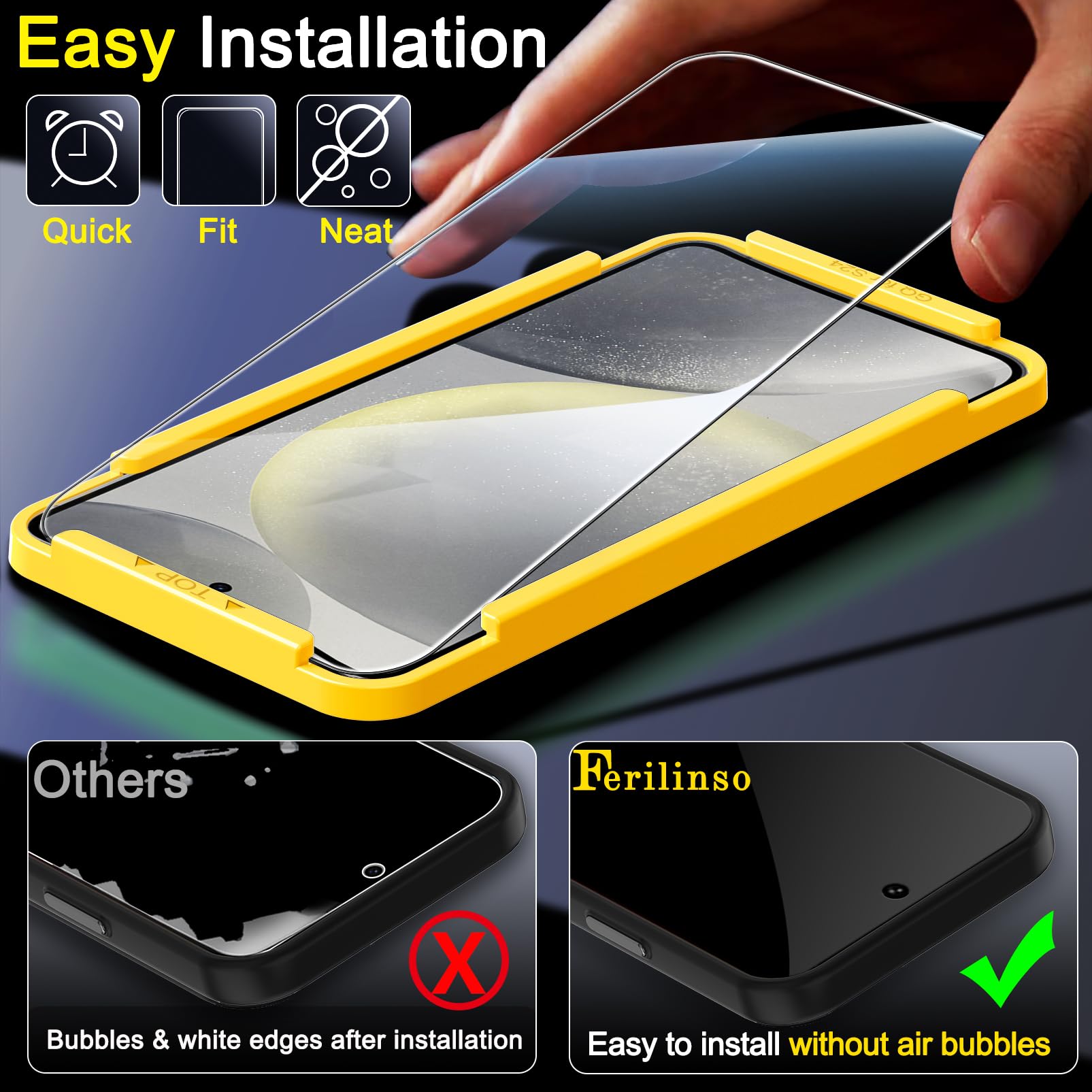 Ferilinso 4 Pack Screen Protector + 4 Pack Tempered Glass Camera Lens Protector for Samsung Galaxy S24 (6.2 Inch) - Case Friendly, Anti-Scratch, HD Clear - Perfect for Daily Use, Travel & Outdoor Protection