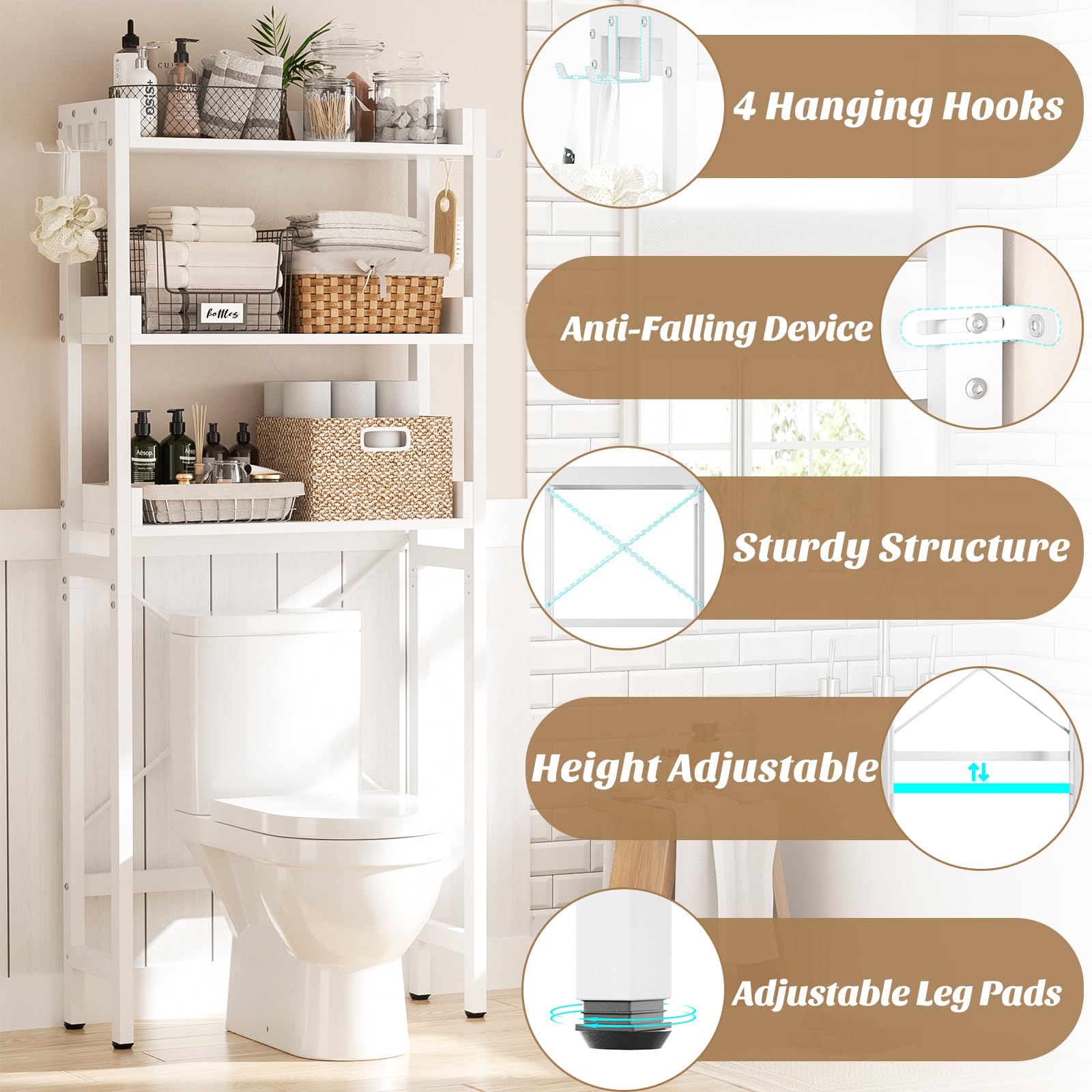 EcoPrsio 3-Tier Over The Toilet Storage Shelf - Freestanding Bathroom Organizer with 4 Hooks, White Space Saver - Perfect for Small Bathrooms, Apartments & Dorm Rooms