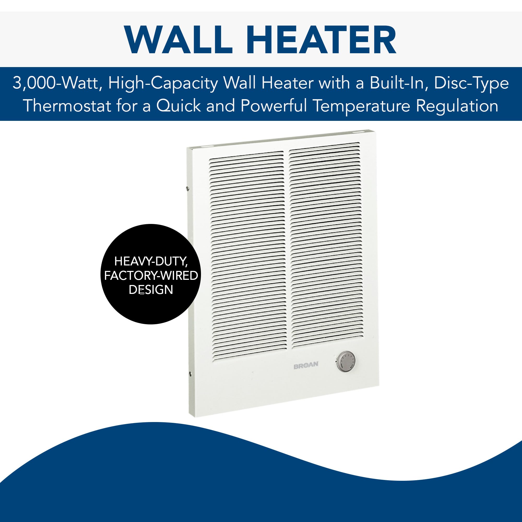 Broan-NuTone 194 High Capacity Wall Heater 3000/1500W 240V - White Painted Grille - Covers 300 Sq.Ft - Perfect for Bathrooms, Garages & Basements