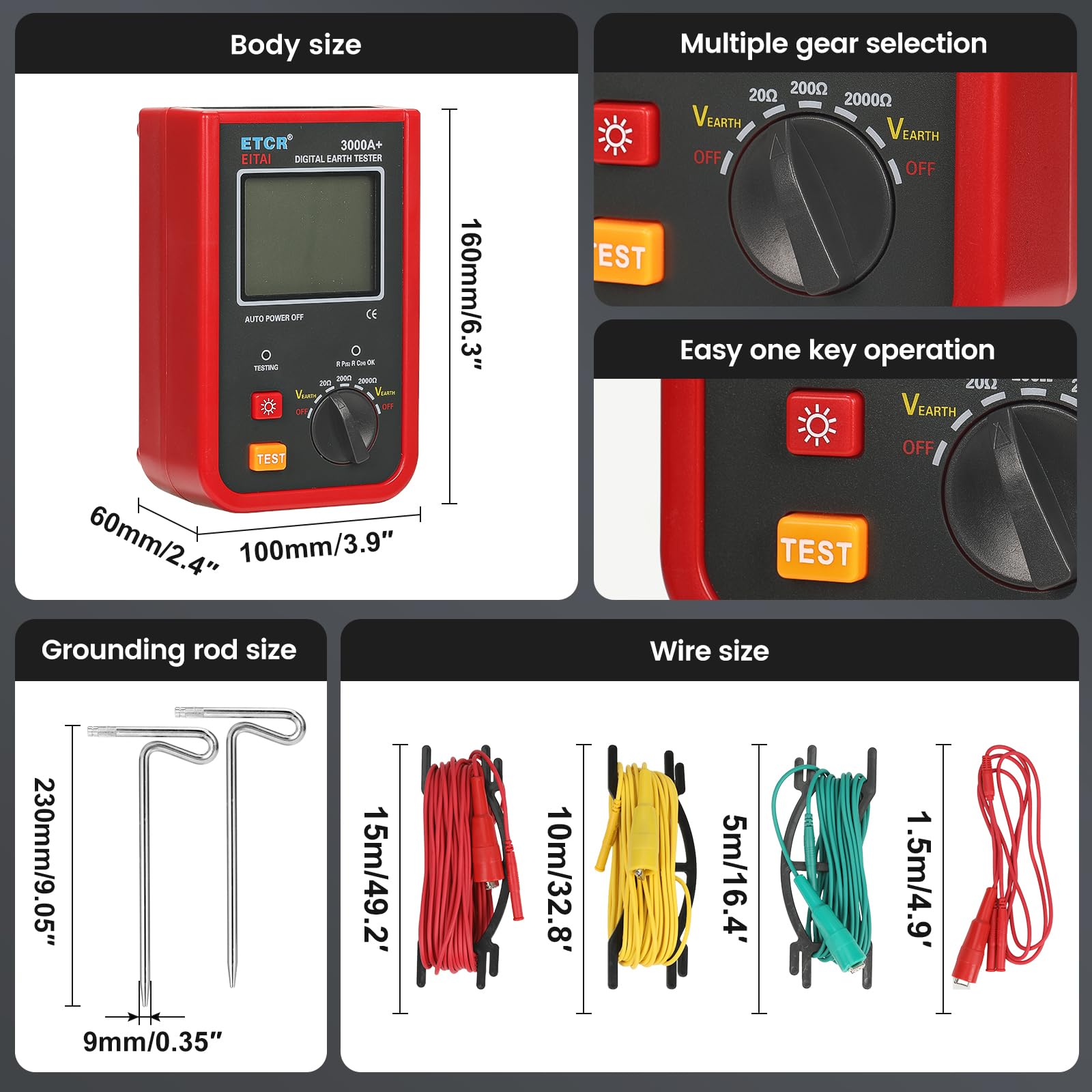 EITAI-ETCR3000A+ Digital Ground Resistance Tester 0-2kΩ, 0-200V - Professional Earth Ground Rod Resistance Meter for Electrical Safety Testing - Perfect for Electricians, Engineers & Industrial Maintenance