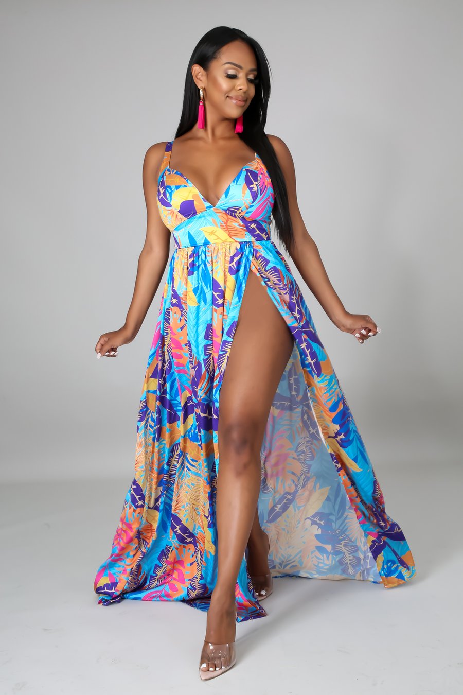 Stylish Tropical Resort Dress in Blue Multi - Perfect for Beach Vacations, Summer Getaways & Poolside Lounging