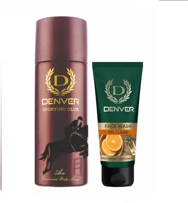 DENVER Oil Clear Face Wash (50GM) & Ace Deodorant Spray (165ML) Combo for Men - Long Lasting Deodorant for Oily & All Skin Types | Daily Skincare & Freshness Routine