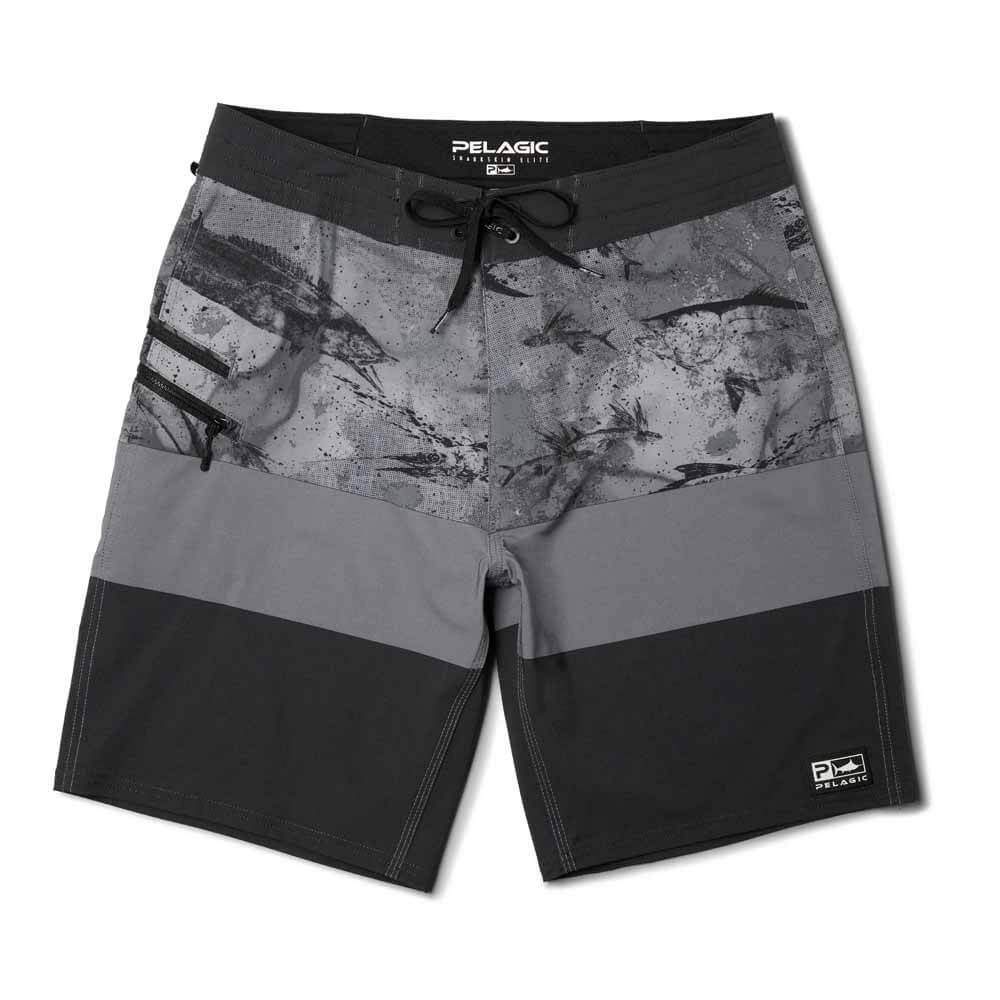 Pelagic Black Sharkskin Elite Fish Camo Shorts - Men's Quick-Dry Fishing Swim Trunks for Saltwater & Freshwater Angling