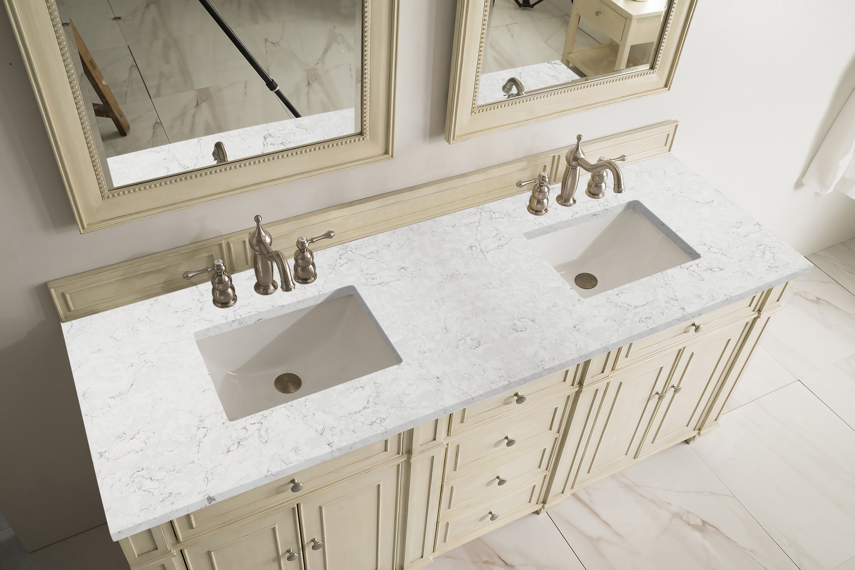 Bristol 72 Inch Double Bathroom Vanity with 3CM Eternal Jasmine Pearl Quartz Top - Vintage Vanilla Finish for Modern & Farmhouse Bathrooms | Perfect for Master Bath, Guest Bath & Home Renovation