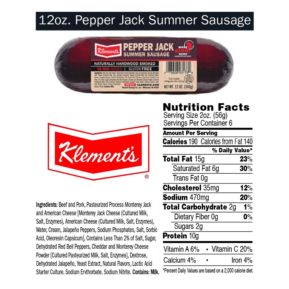 Klements Summer Sausage - 12 oz Pepper Jack Flavor | Premium Beef Snack for Camping, Hiking & Charcuterie Boards