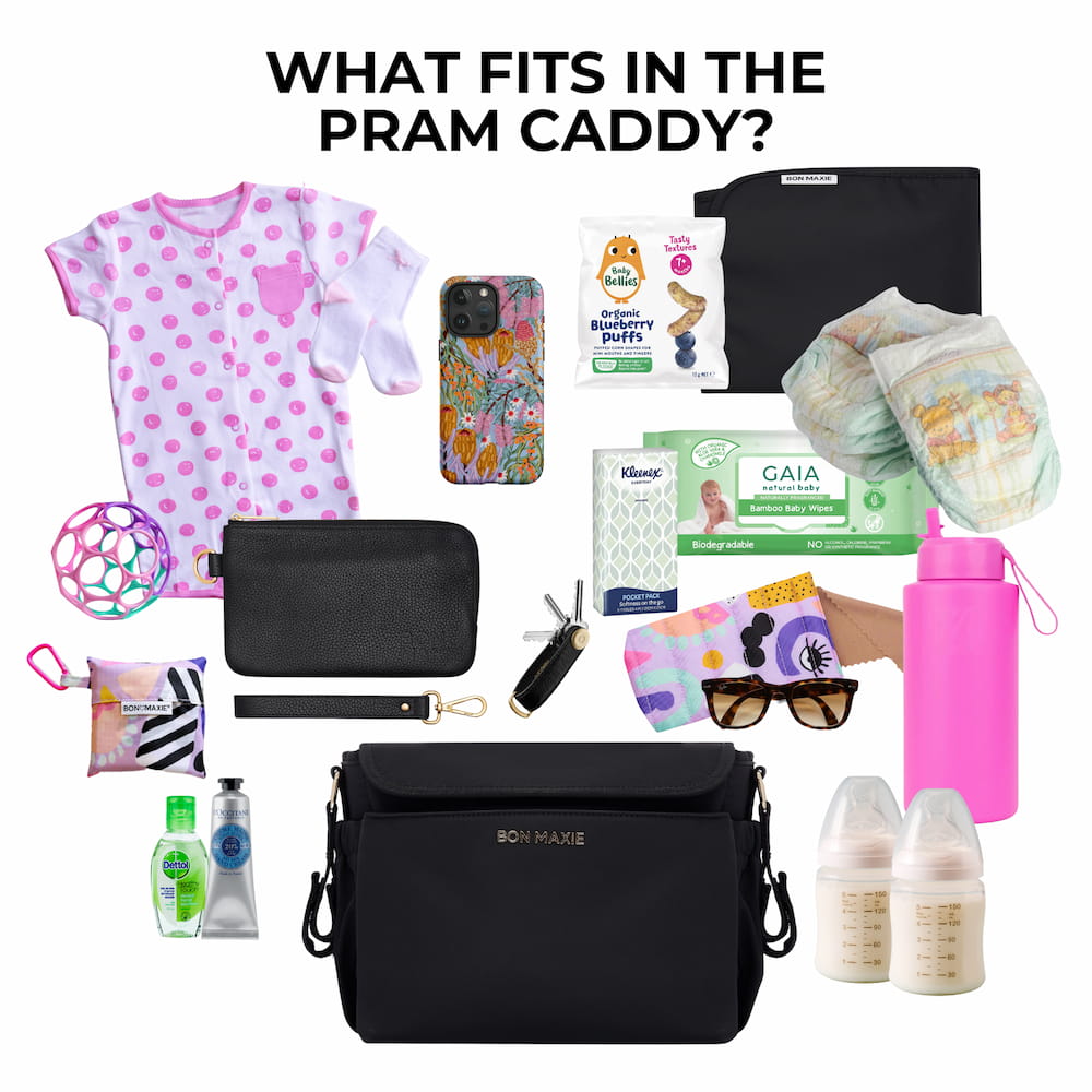 Black Nylon Carryall Pram Caddy - Durable Stroller Organizer for Diapers, Toys & Essentials - Perfect for Parents on the Go