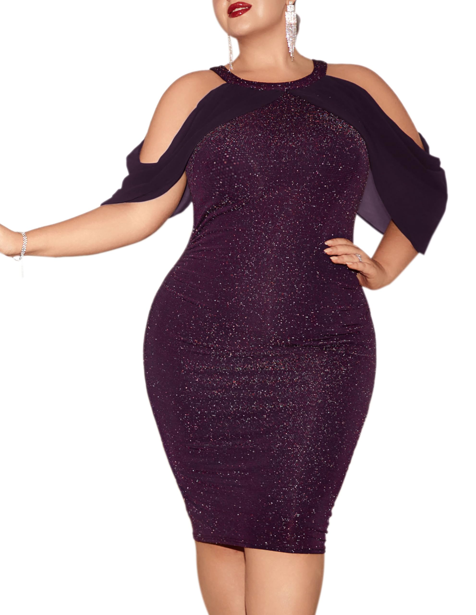 Hanna Nikole Women's Plus Size Glitter Cocktail Dress with Chiffon Cape Sleeves - Elegant Midi Bodycon Dress for Wedding Guest, Formal Party, Prom Night & Special Occasions