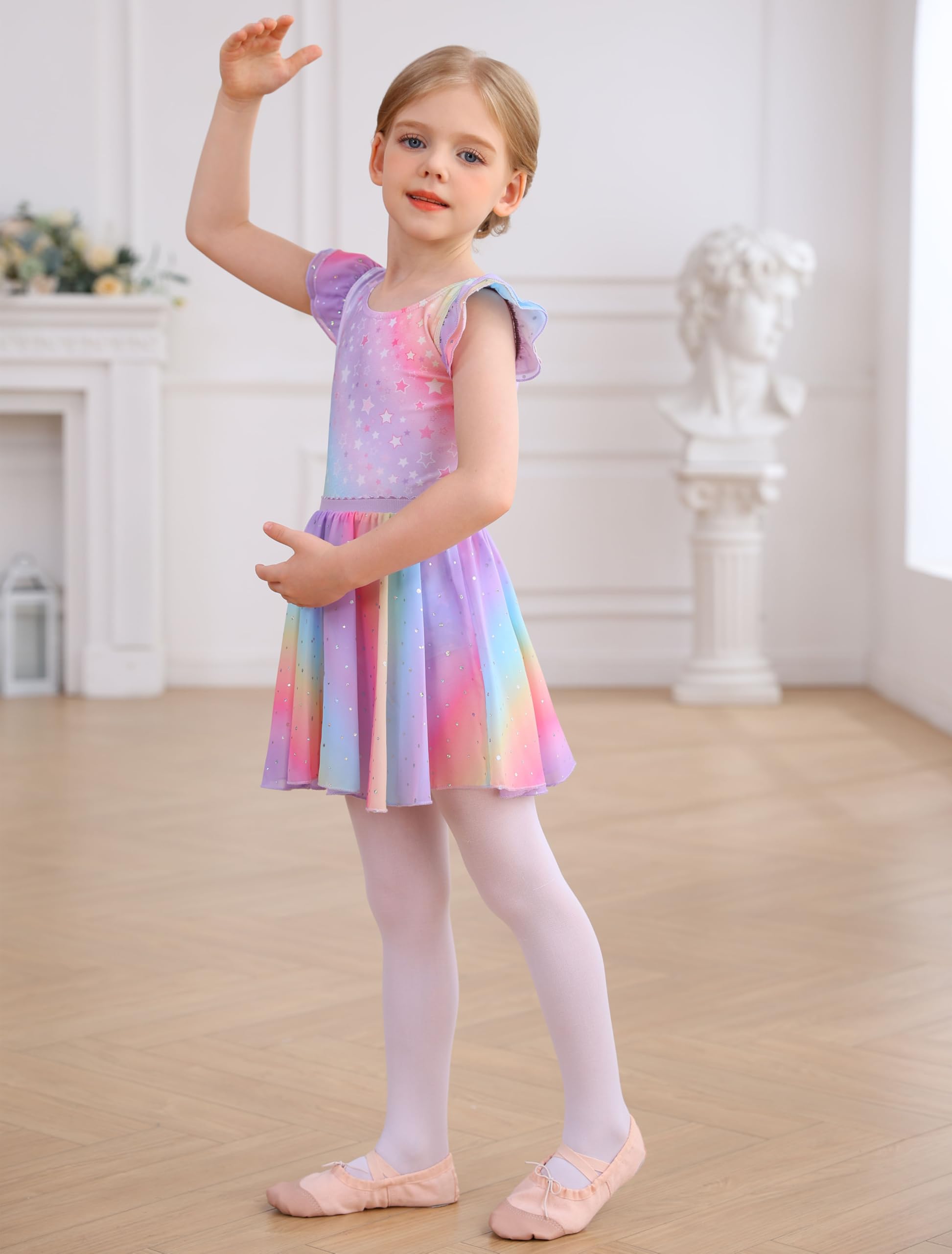 Toddler Girls Ballet Leotard with Swallowtail Tutu Skirt & Flutter Sleeves - MDNMD Dance Dress for Ballet Class, Recital, and Performance