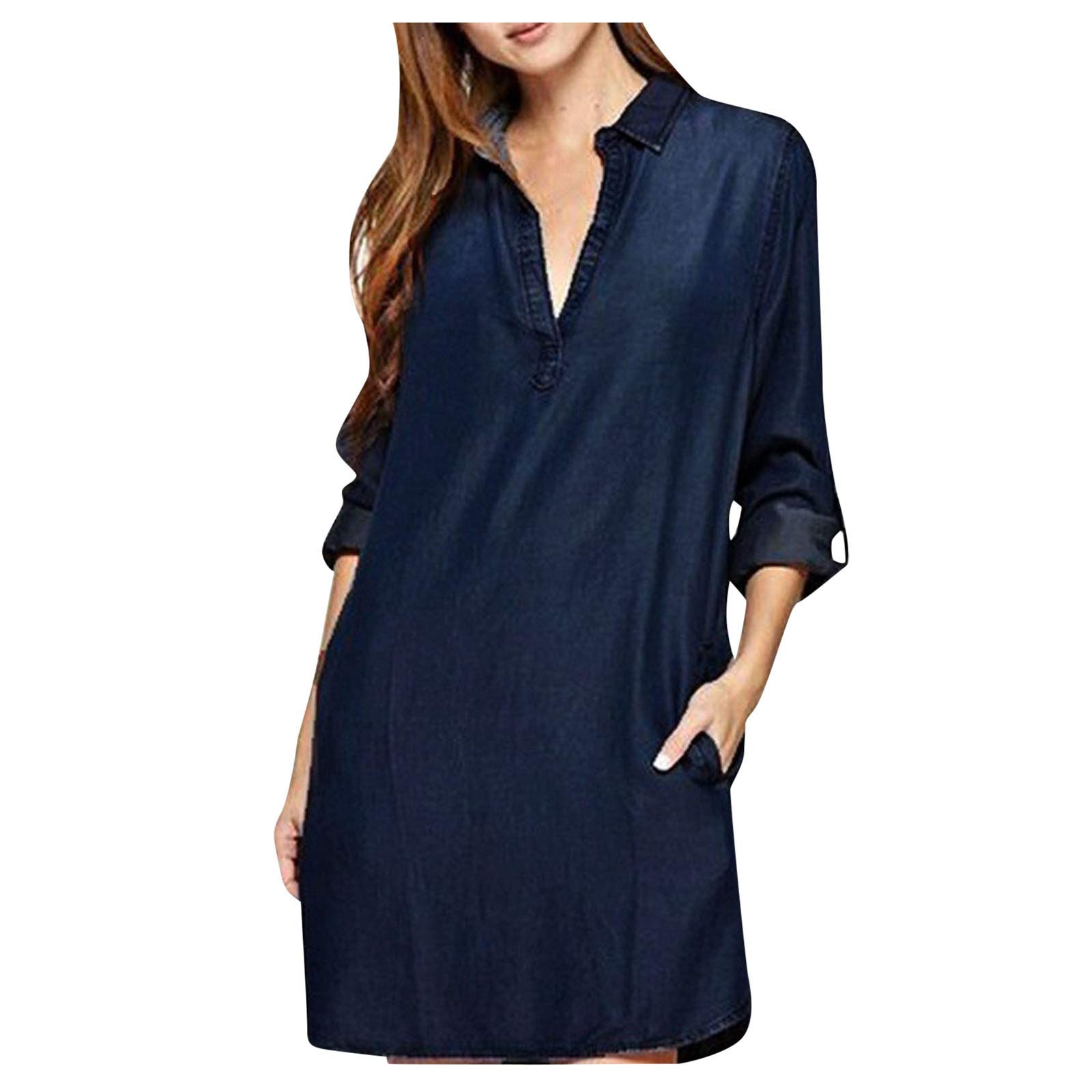 Vintage Washed Denim Shirt Dress for Women - Blue Denim V-Neck Lapel Tunic - Casual Outfit for Spring, Summer & Fall | Perfect for Streetwear, Date Night & Office Wear