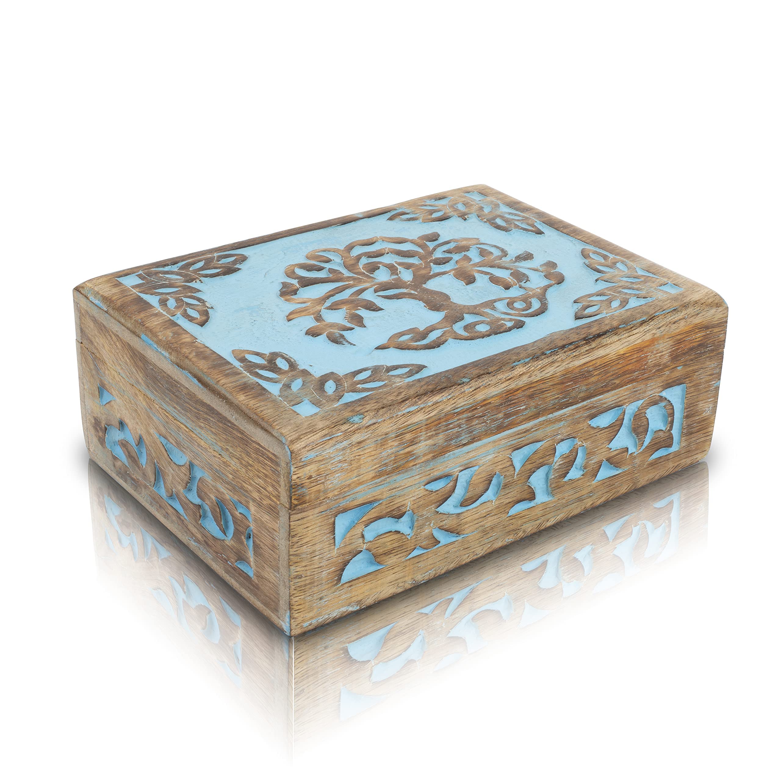 Handmade Wooden Jewelry Box with Tree of Life Carving - Jewelry Organizer, Keepsake Box & Watch Storage | Perfect Birthday, Housewarming Gift & Home Decor (Blue) | Great for Organizing Rings, Necklaces & Valuables