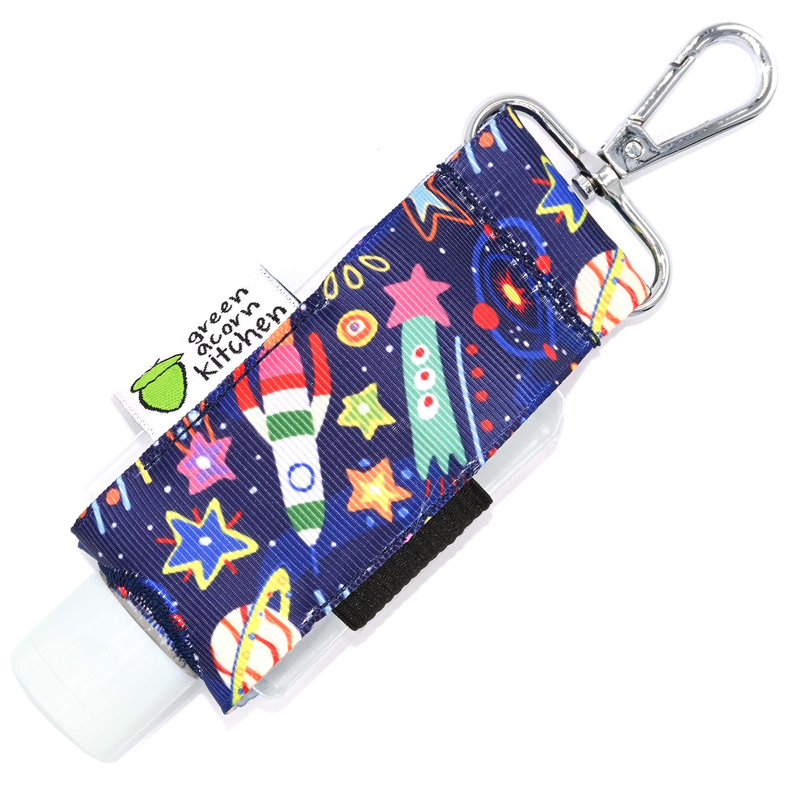 Refillable Hand Sanitizer Holder with 2oz Travel Size Bottle - Navy Blue Space Print - Swivel Clip for Backpack, Purse, Keychain - Eco-Friendly Handmade Sanitizer Case by Green Acorn Kitchen - Perfect for Travel, Office, School & Daily Hygiene