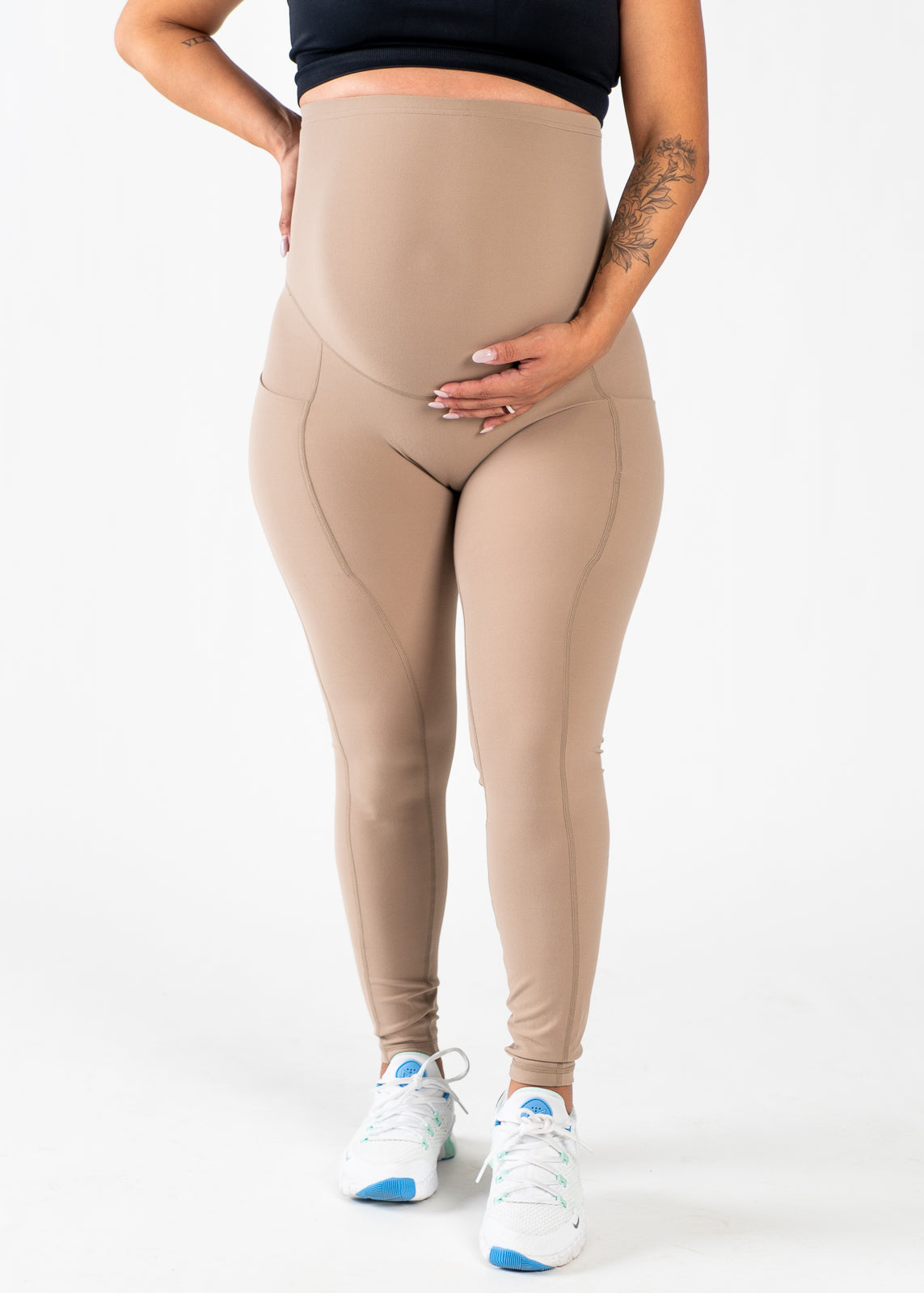 NKD Maternity Leggings with Pockets - Soft Stretchy Pregnancy Yoga Pants for Women | Comfortable Workout & Everyday Wear | Clay Color