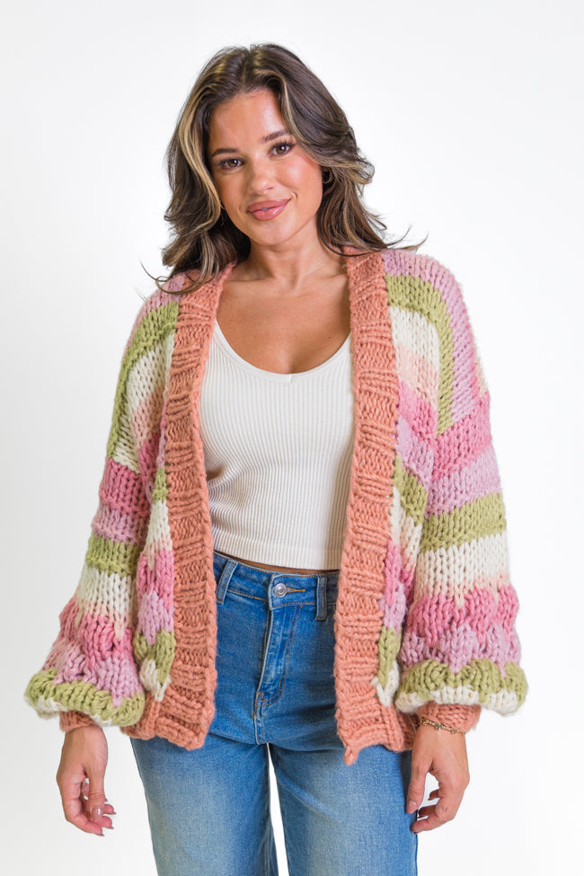 Lost In Your Love Pink Multi Stripe Chunky Knit Cardigan Sweater | Cozy Oversized Winter Wear for Women | Perfect for Date Nights & Casual Outings
