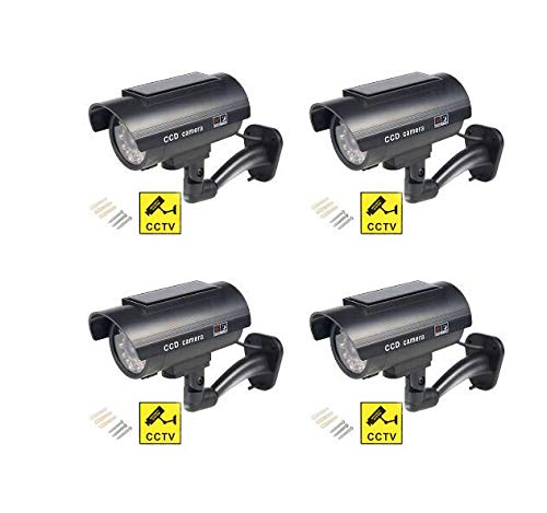 4 Pack BW Fake Security Camera with Solar Power, Waterproof, Flashing LED Light - Indoor/Outdoor Dummy CCTV Surveillance for Home & Business Protection | Deter Burglars & Enhance Safety